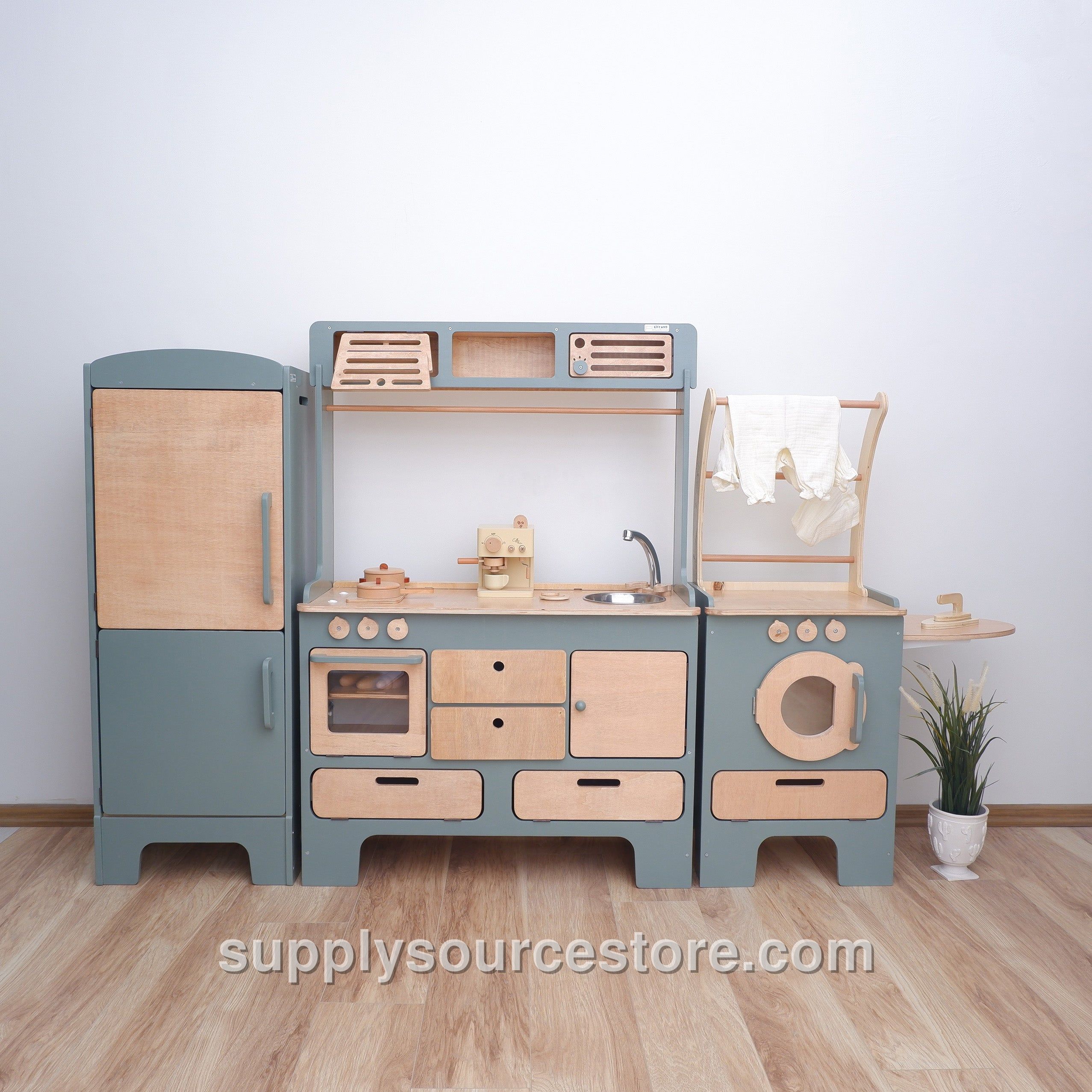 10-Year Wooden Play Kitchen – Slate Blue 3-Piece Set