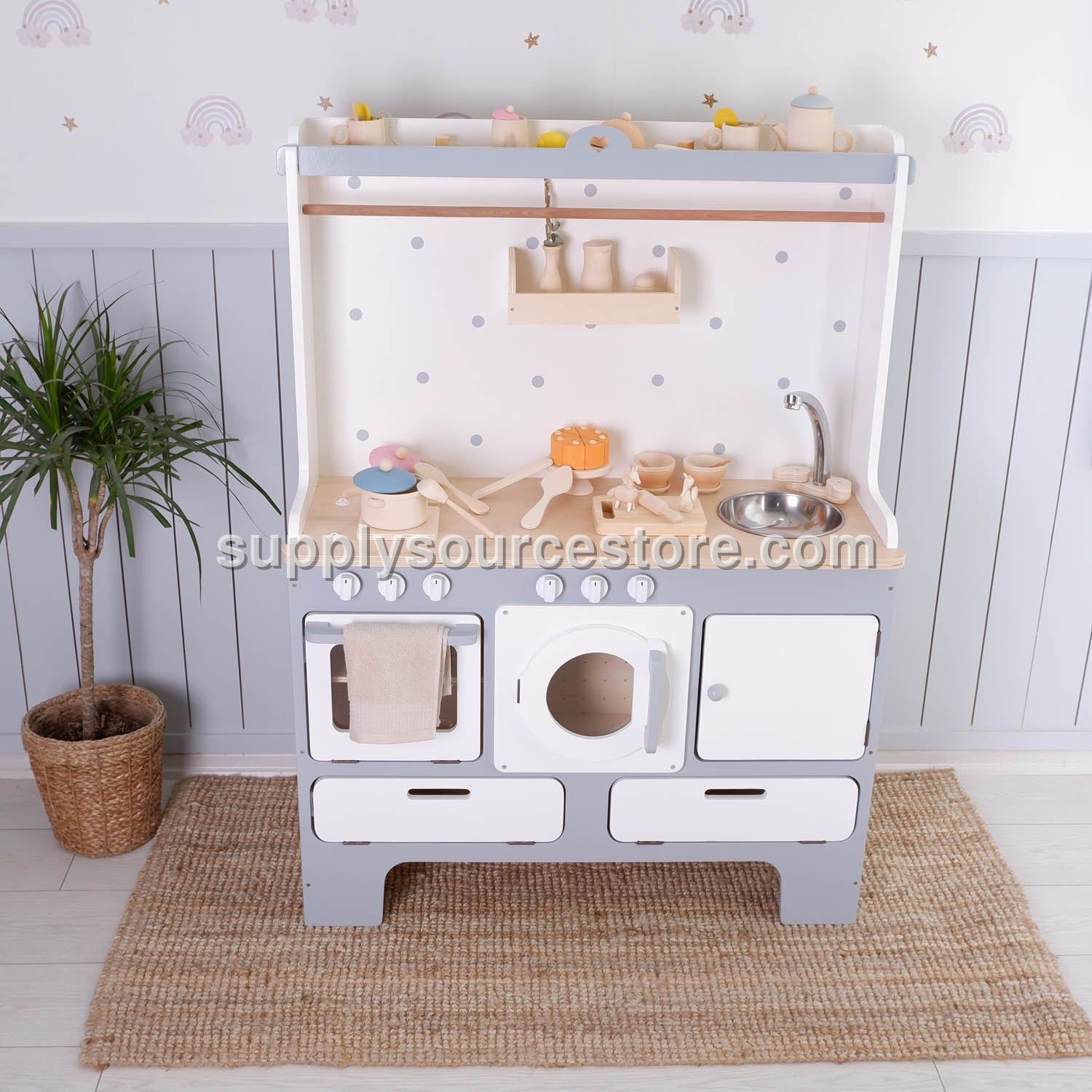For 10 Years Biggest Wooden Play Kitchen – Soft Grey Compact Edition