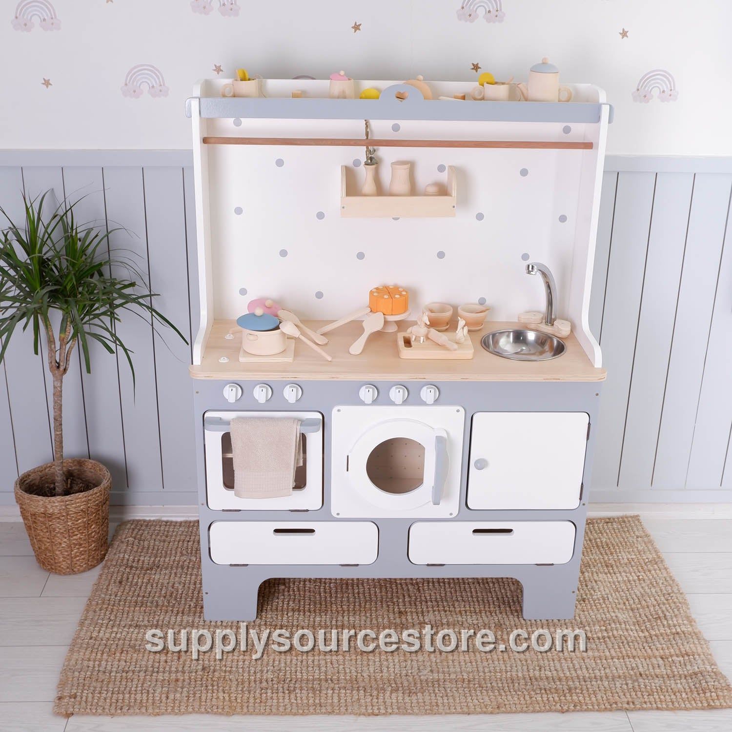 For 10 Years Biggest Wooden Play Kitchen – Soft Grey Compact Edition
