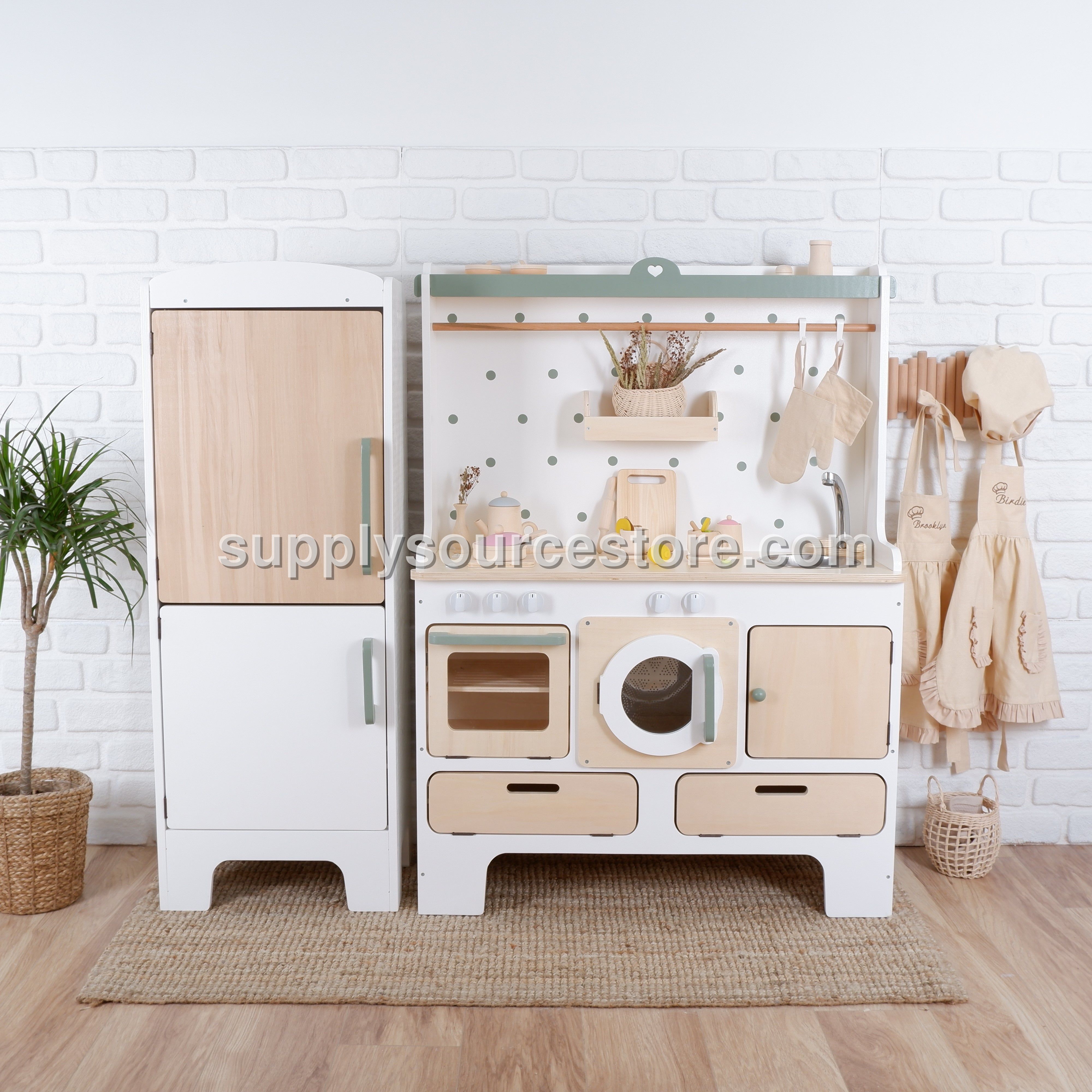 For 10 Years Biggest Wooden Play Kitchen – White Base & Natural Wood Fridge Module