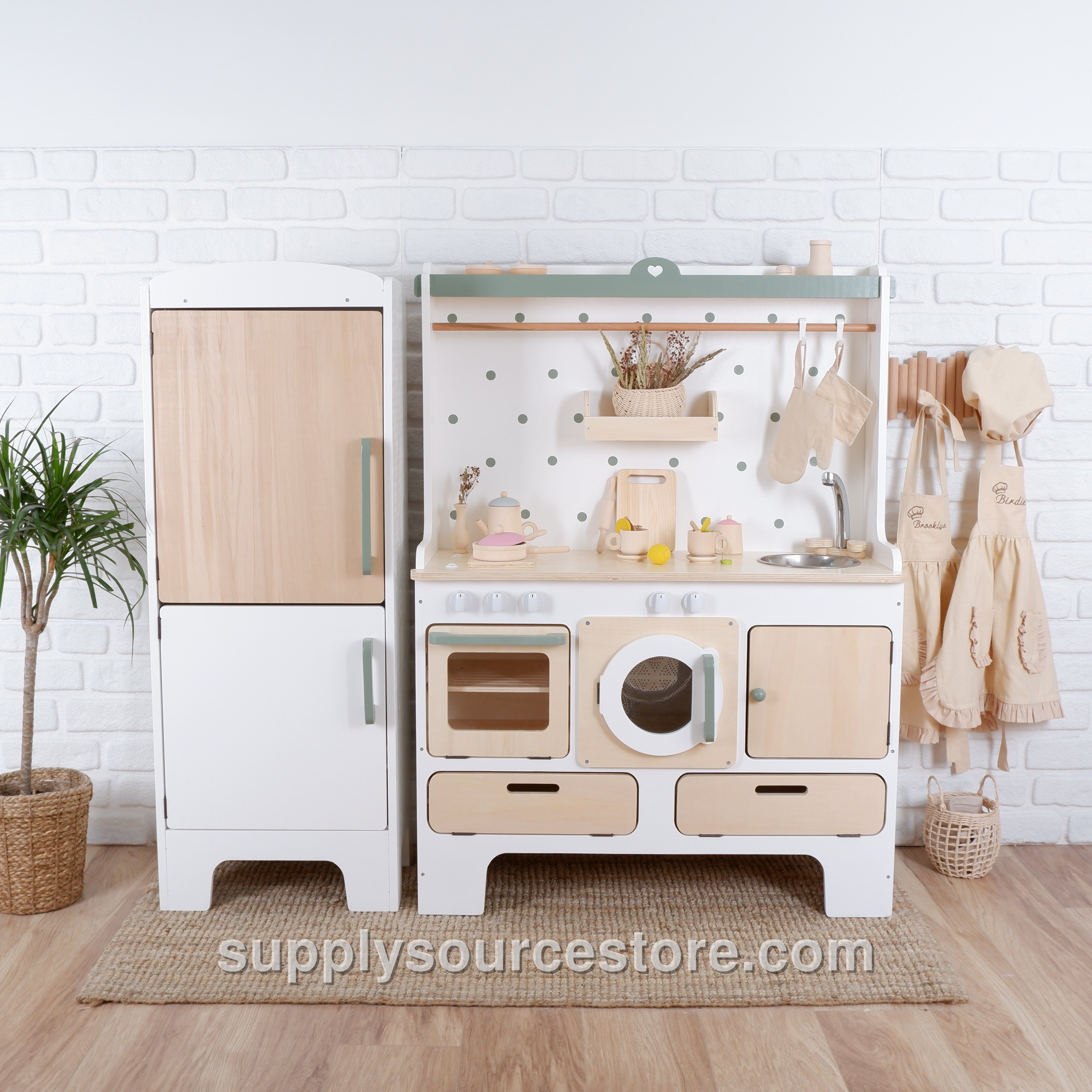 For 10 Years Biggest Wooden Play Kitchen – White Base & Natural Wood Fridge Module