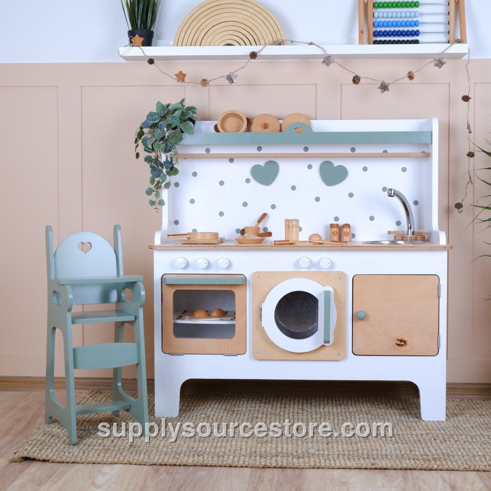 Handcrafted Wooden Play Kitchen – White & Green