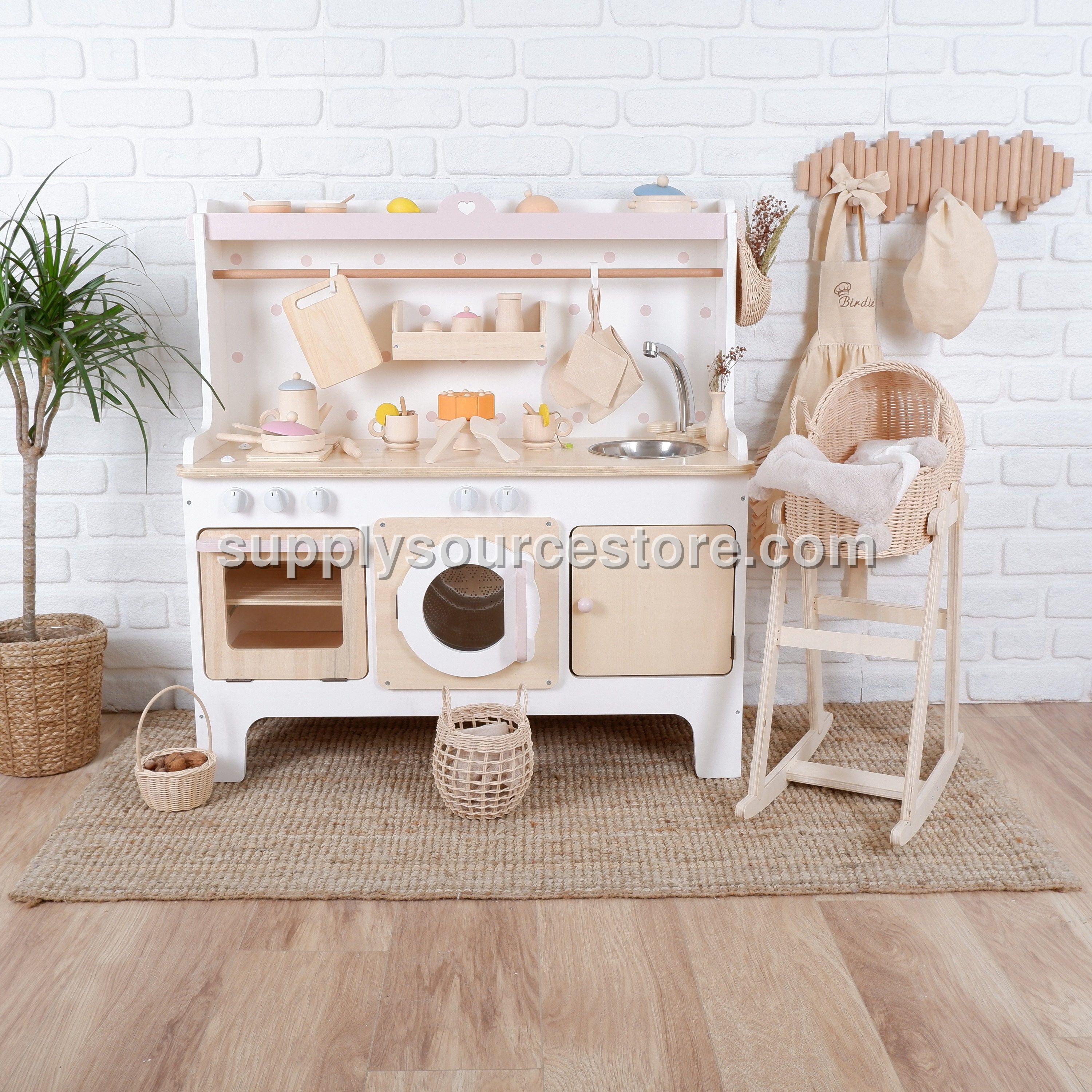 Handcrafted Wooden Play Kitchen: White & Pink Pretend Play Set