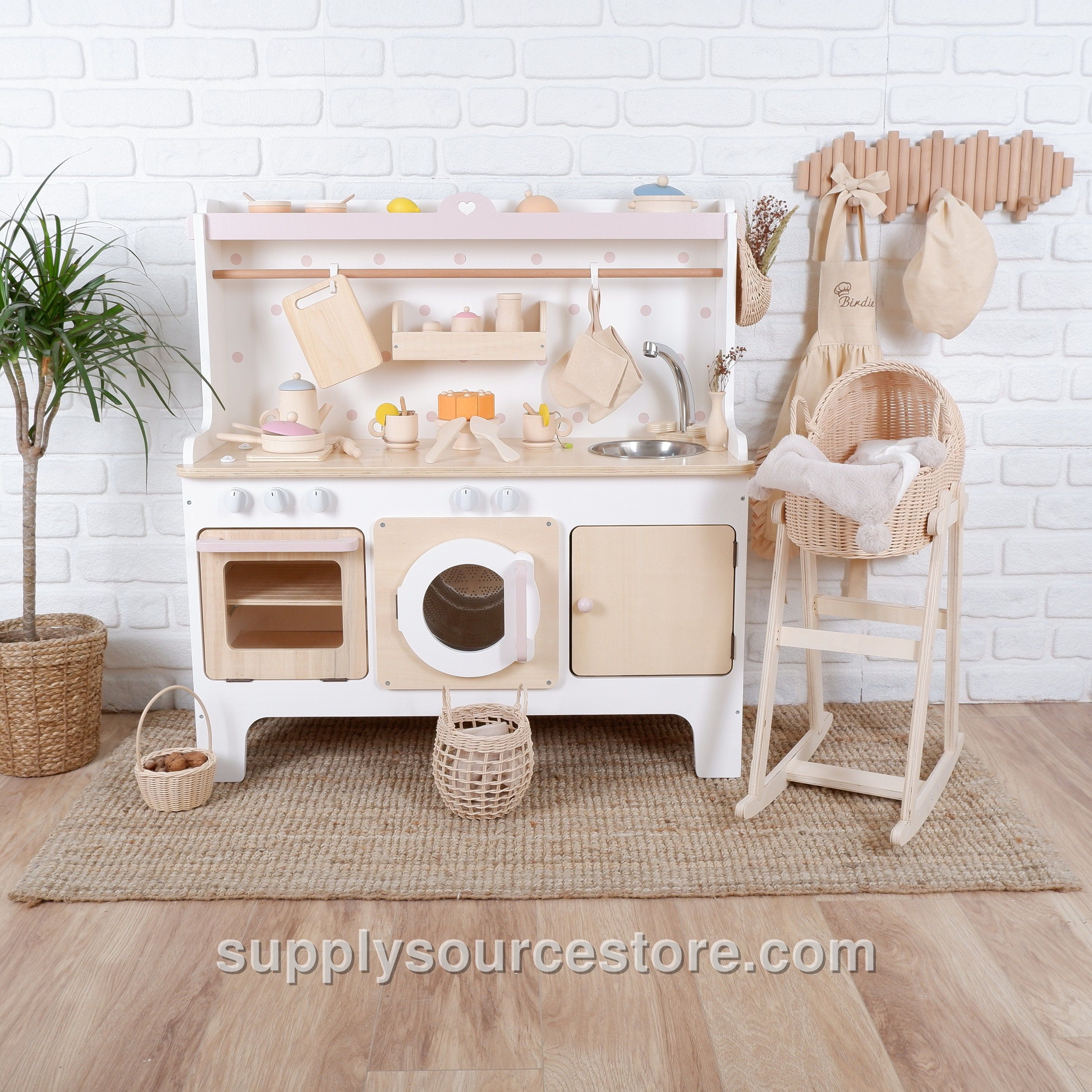 Handcrafted Wooden Play Kitchen: White & Pink Pretend Play Set