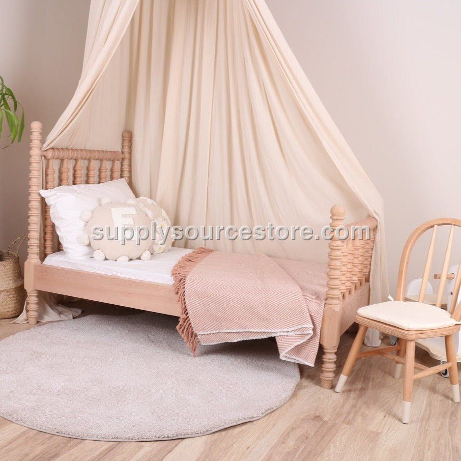 Jenny Lind Spindle Bed – Natural Finish with Canopy Styling, Custom Size and Color