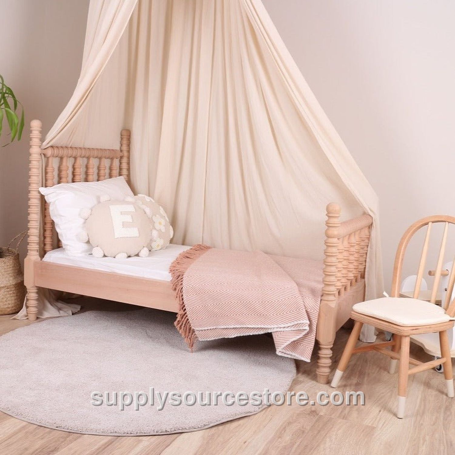 Jenny Lind Spindle Bed – Natural Finish With Canopy Styling, Custom Size and Color