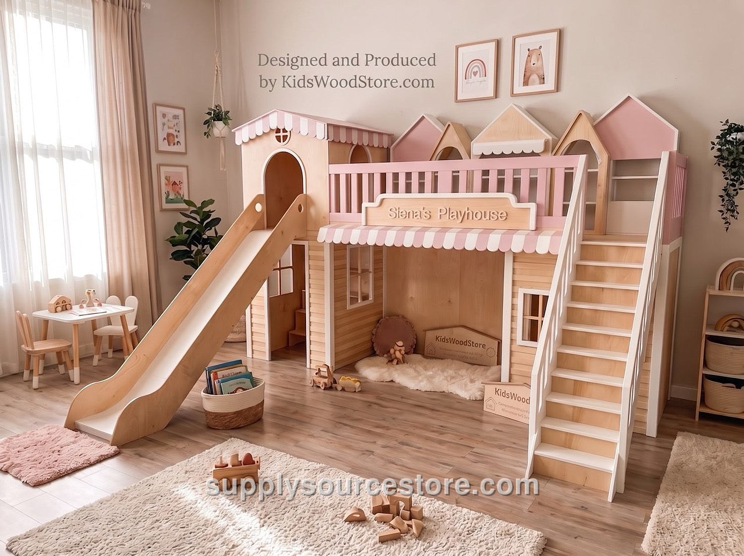 Luxury Indoor Wooden Play Town — 2-House Two-Story Set · SS-006502