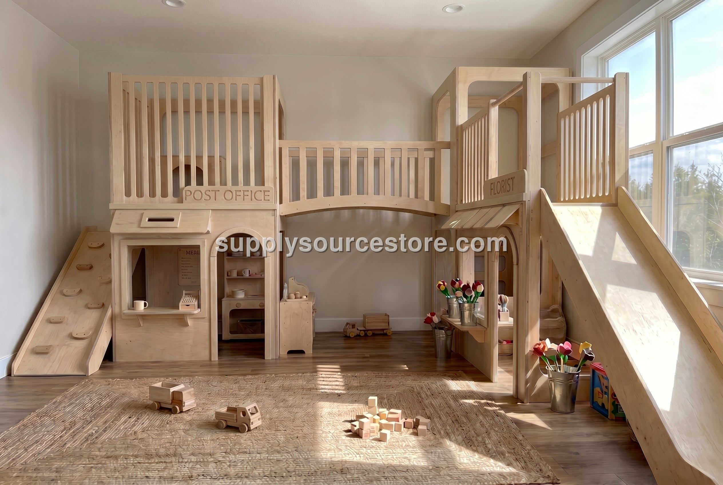 Luxury Indoor Wooden Play Town — 2-House Two-Story Set (Post Office & Florist)