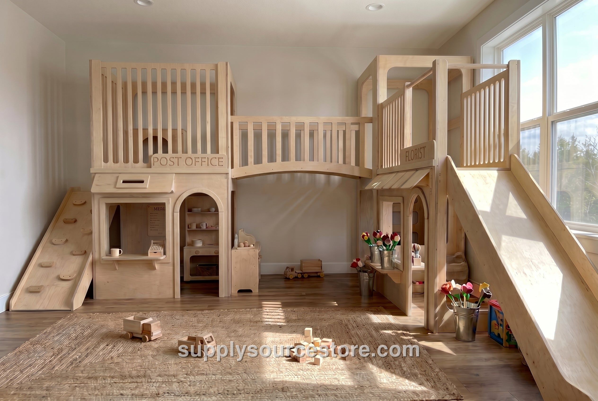 Luxury Indoor Wooden Play Town – 2‑House Two‑Story Set