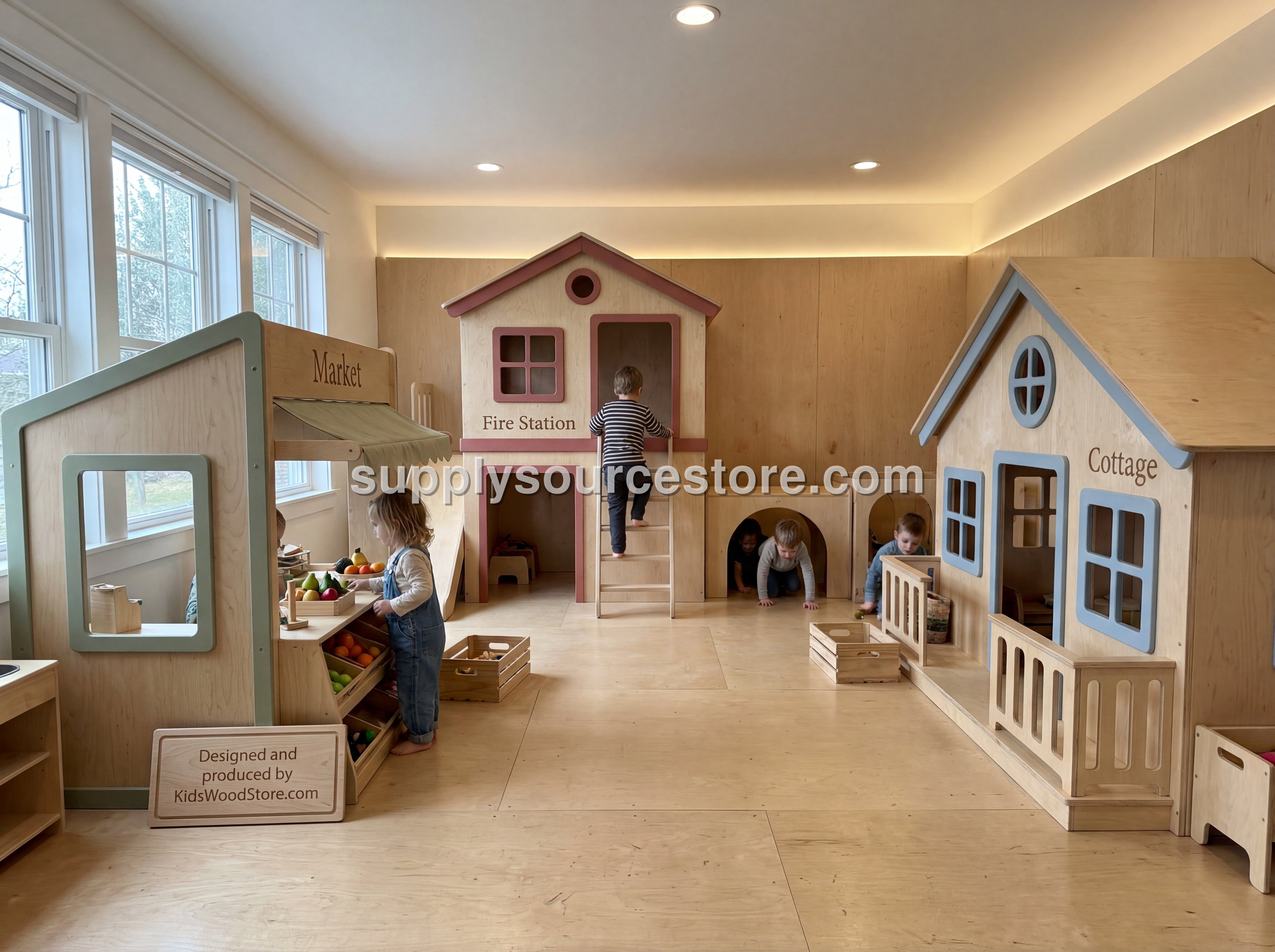 Luxury Wooden Play Town — 3-House Indoor Set (Market, Cottage & Two-Story Fire Station)