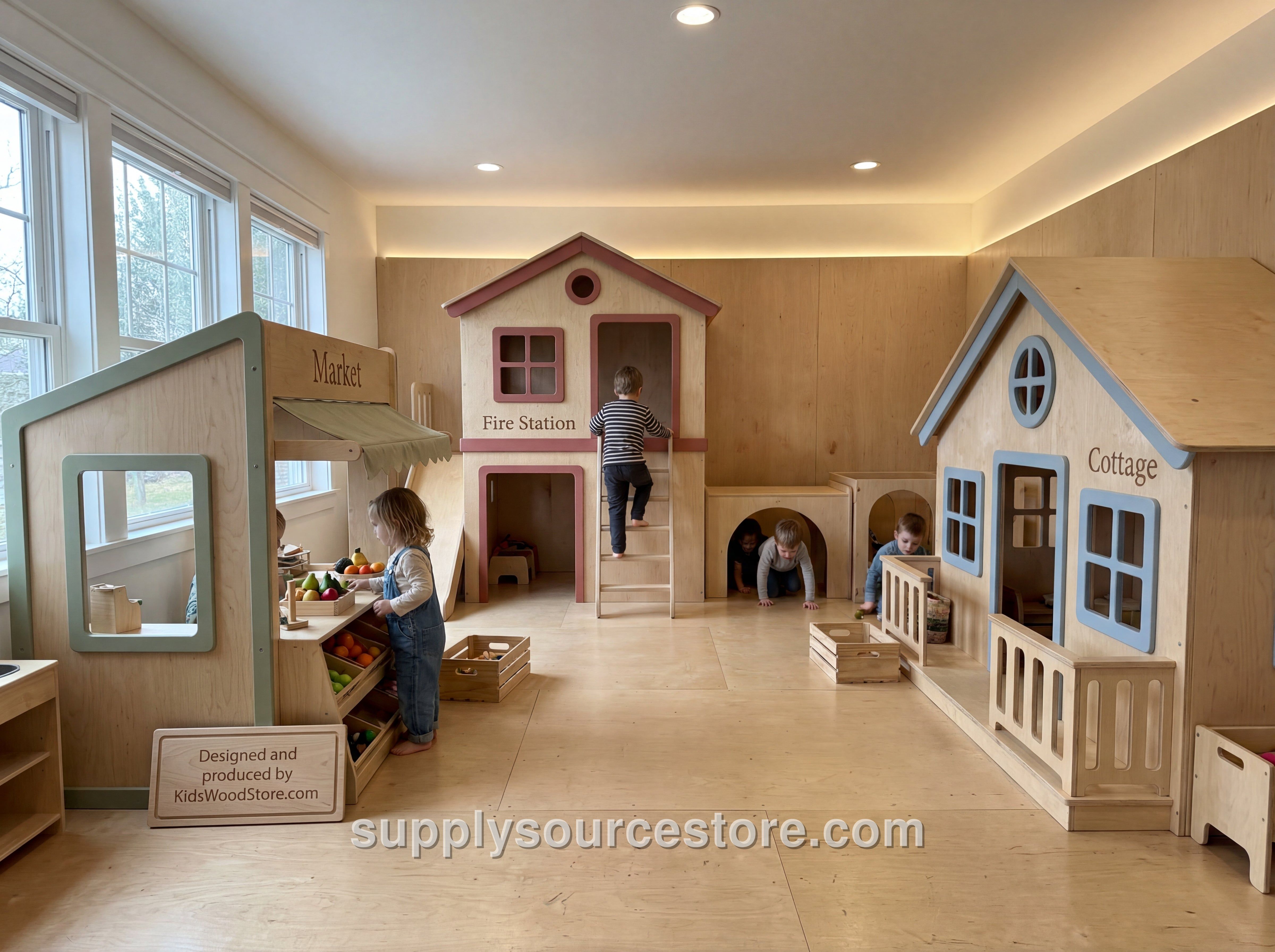 Luxury Wooden Play Town — 3-House Indoor Set (Market, Cottage & Two-Story Fire Station)