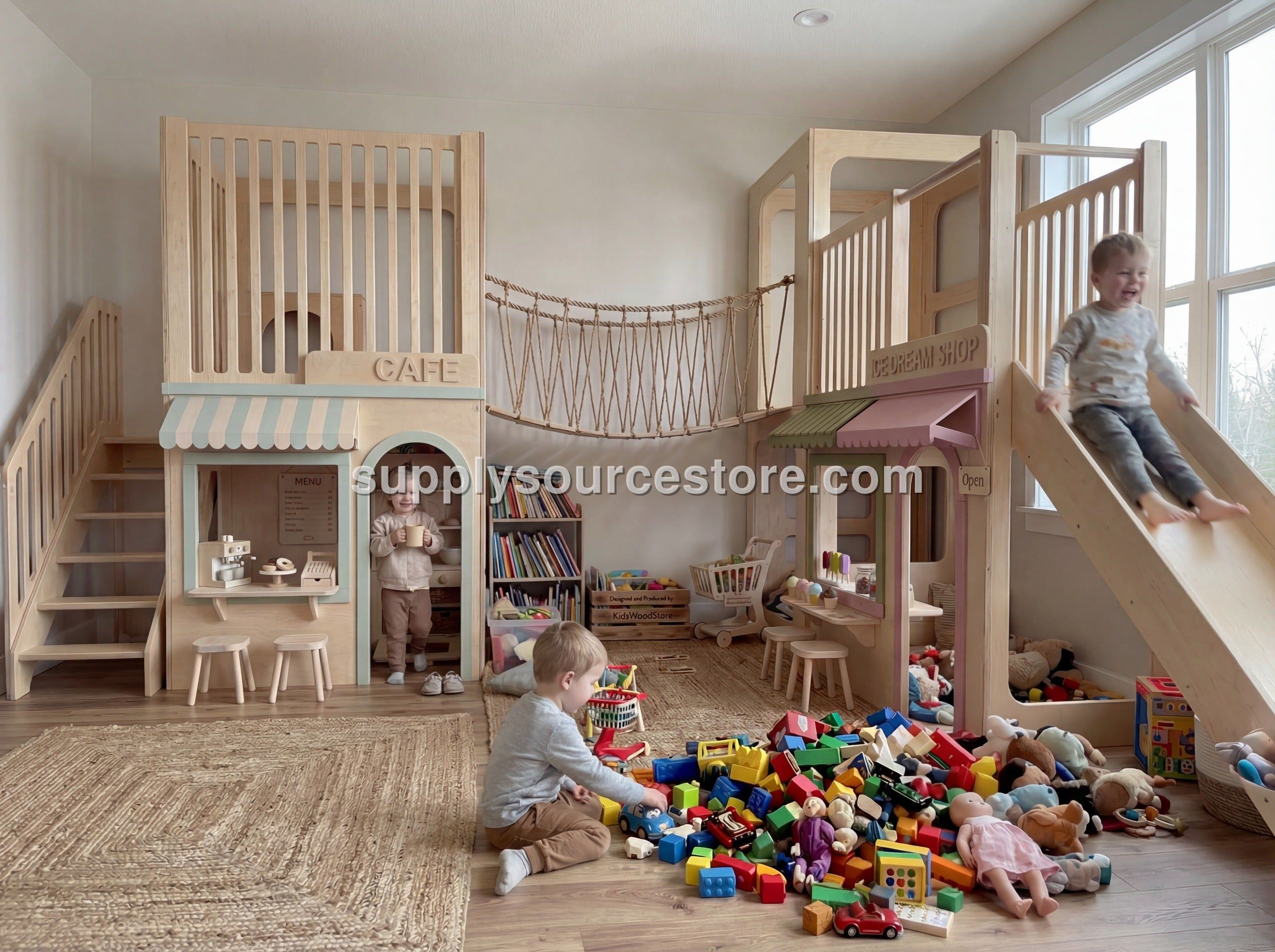 Luxury Wooden Play Town — 3-House Indoor Set (Two-Story Café, Two-Story Grocery & Adventure)