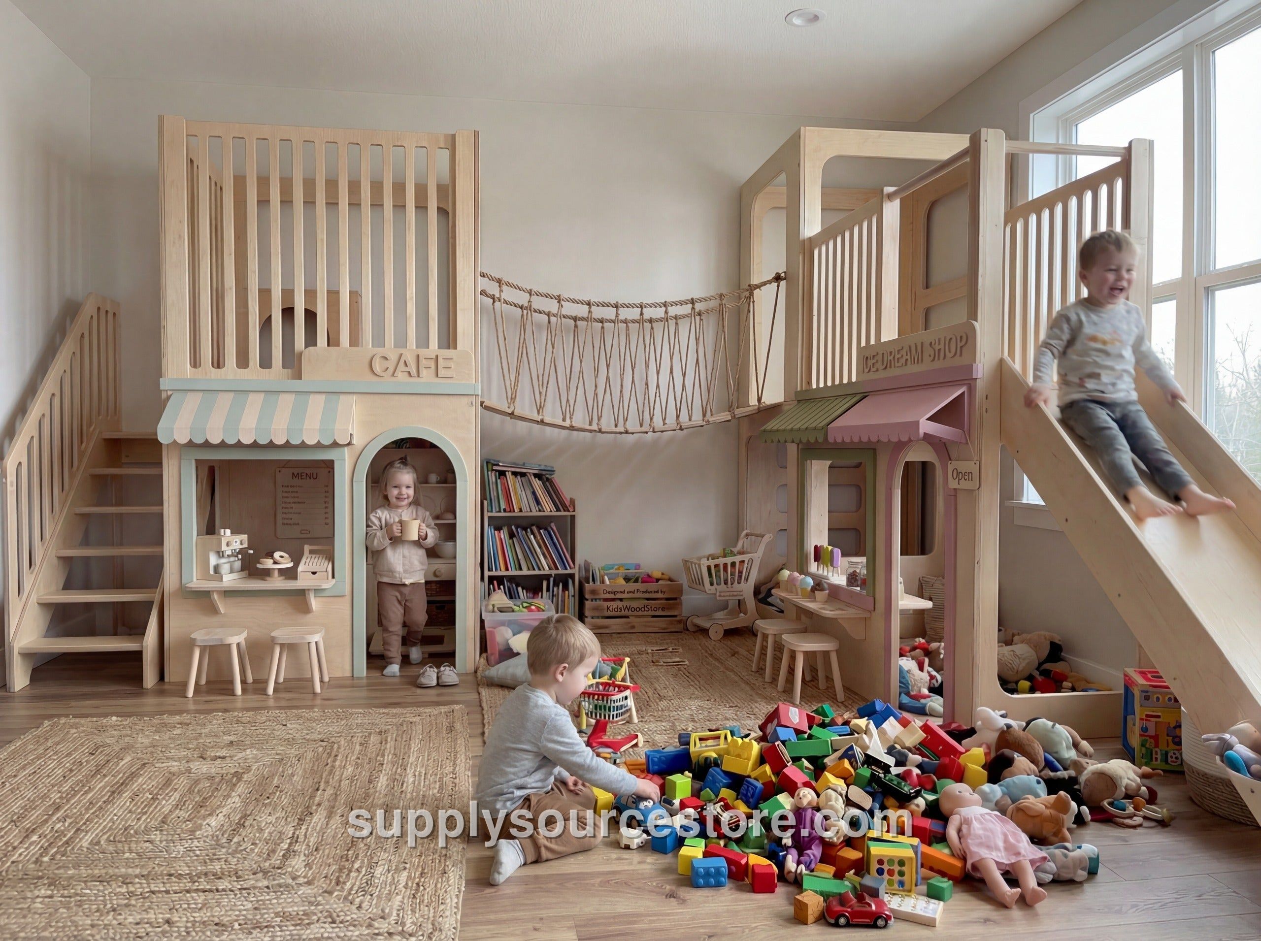 Luxury Wooden Play Town — 3-House Indoor Set (Two-Story Café, Two-Story Grocery & Adventure)
