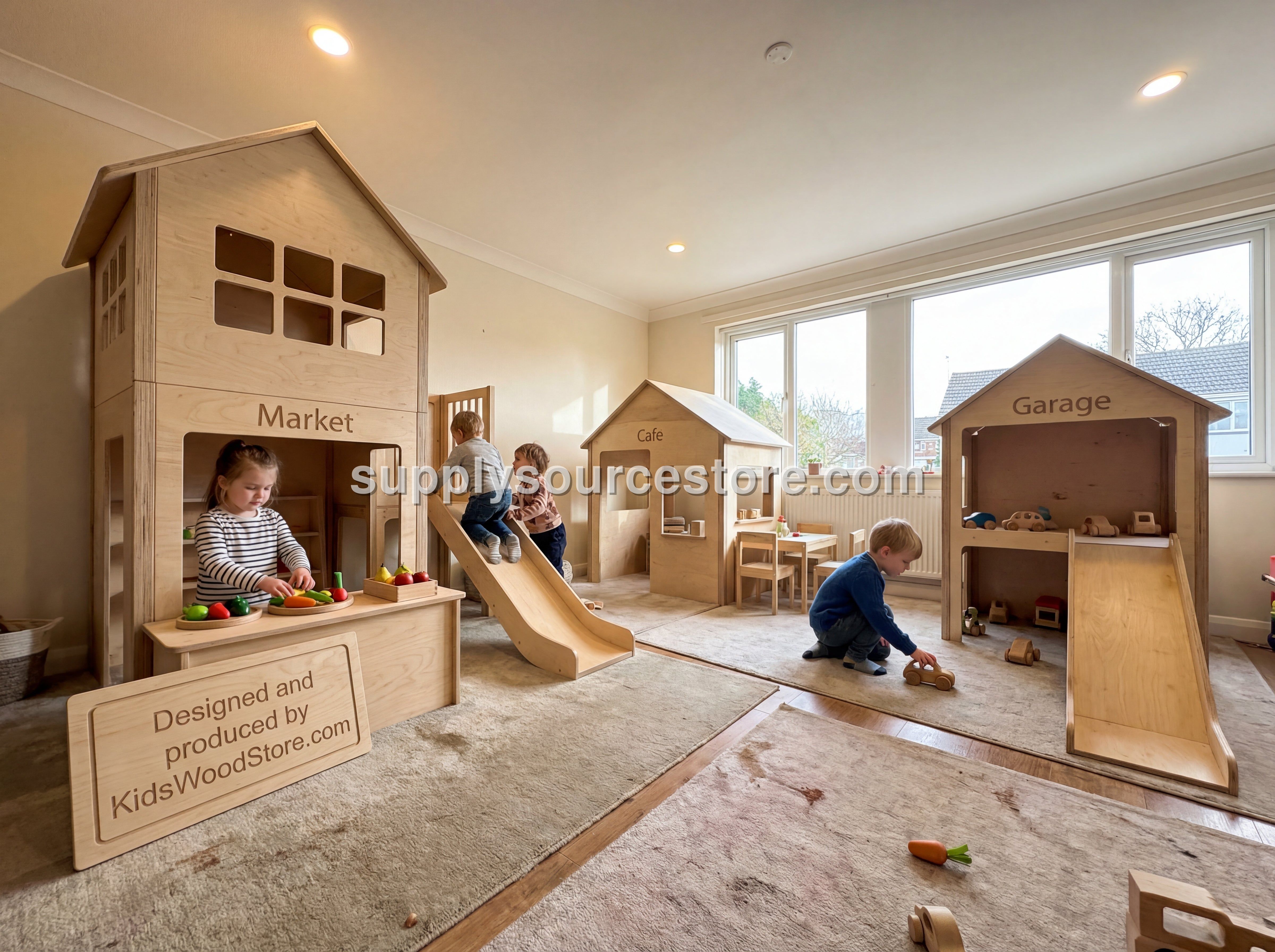 Luxury Wooden Play Town — 3-House Indoor Set (Two-Story Market, Café & Garage)