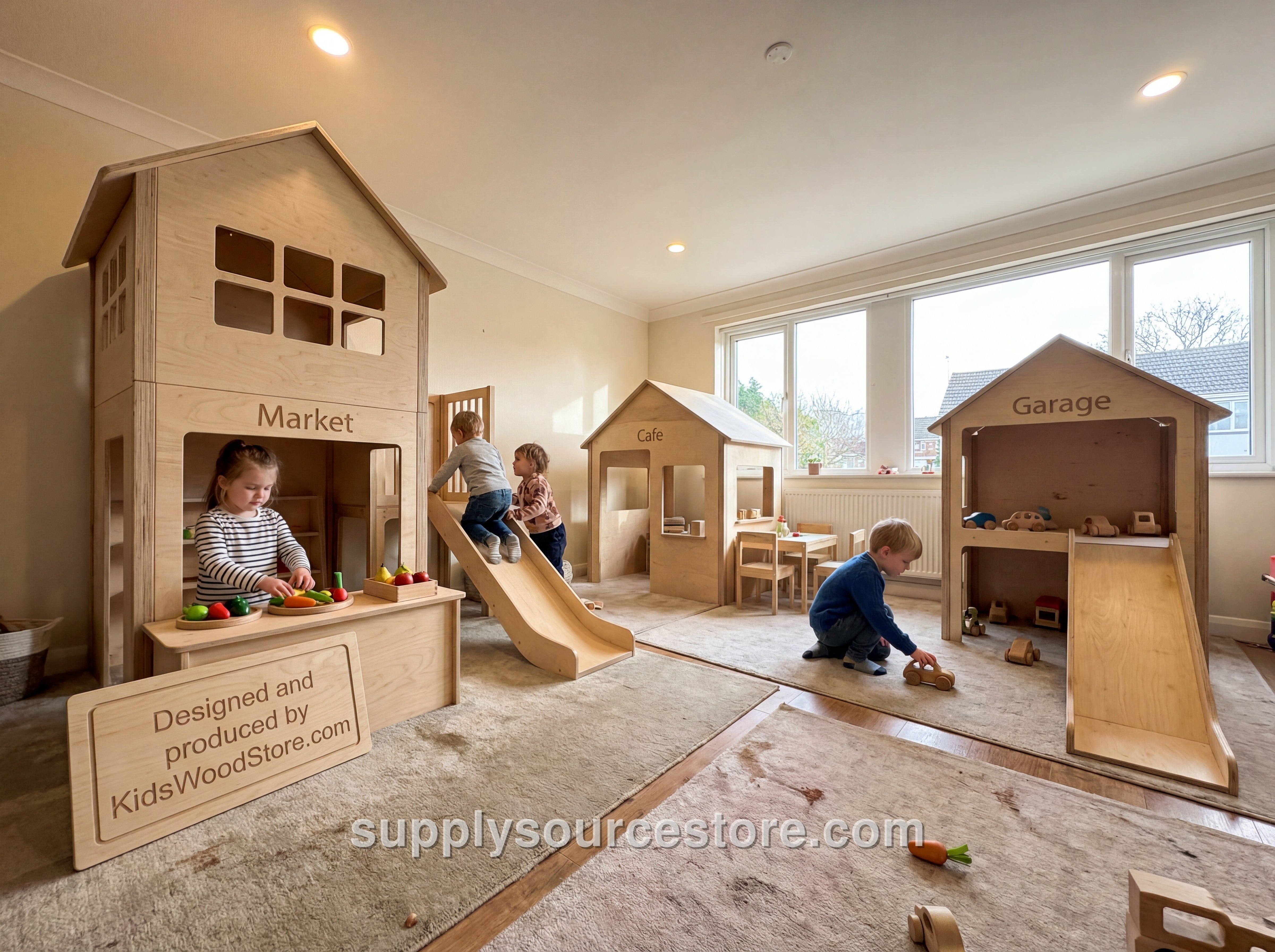 Luxury Wooden Play Town – 3‑House Indoor Set