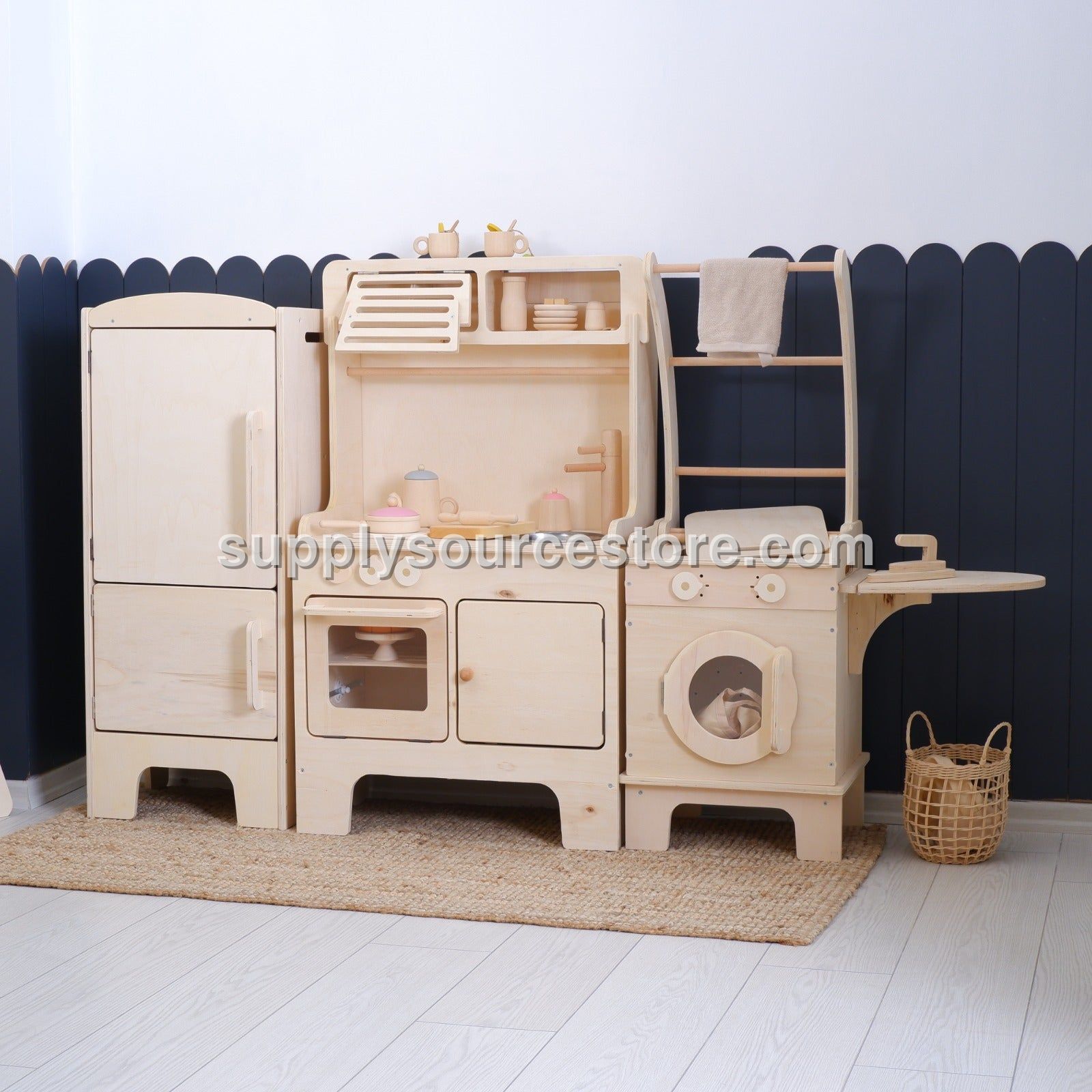 New Wooden Play Kitchen With Microwave + Washing Machine – Natural Wood 3-Piece Set with Ironing Board