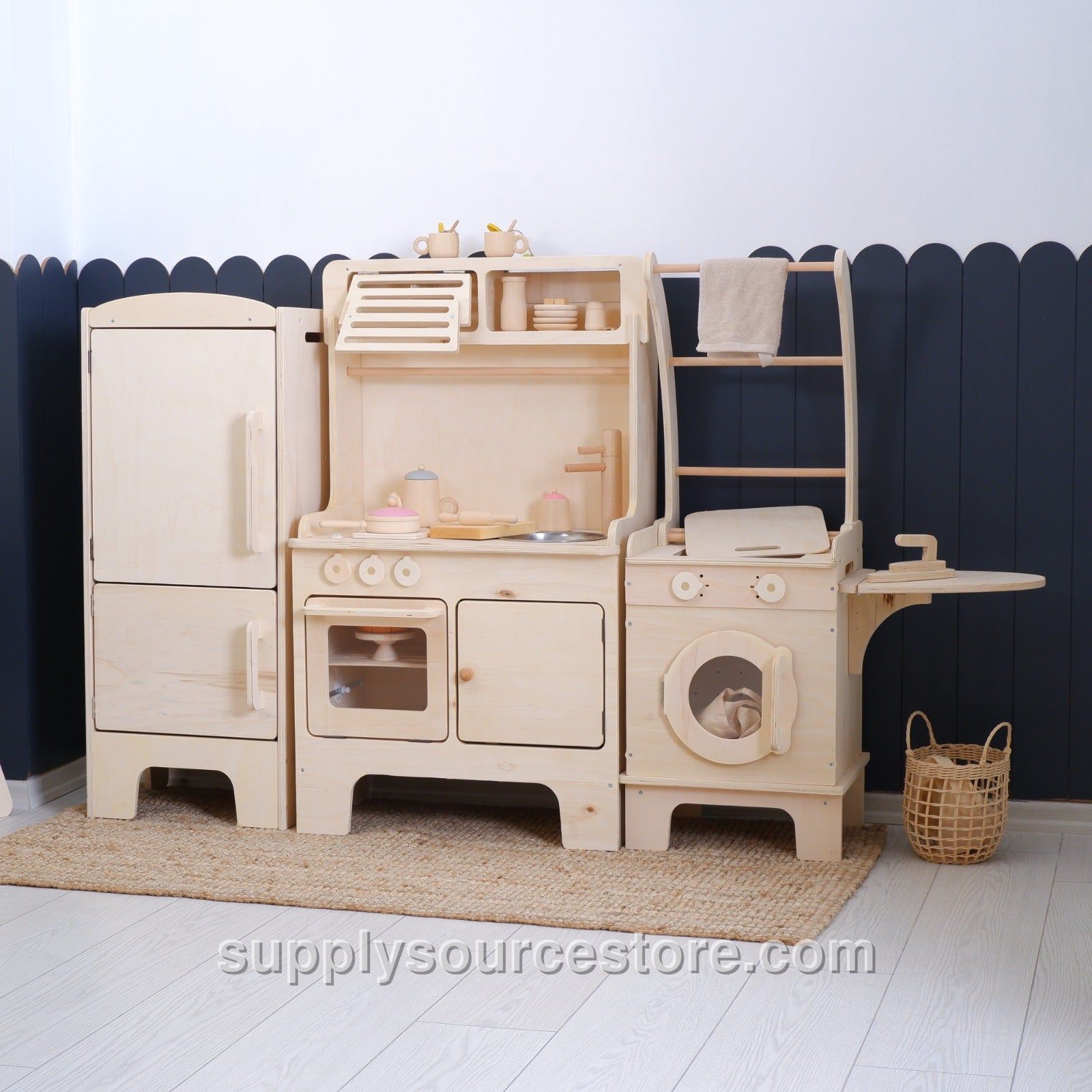 Wooden Play Kitchen Set With Microwave, Washing Machine, And Ironing Board – Natural Wood 3-Piece