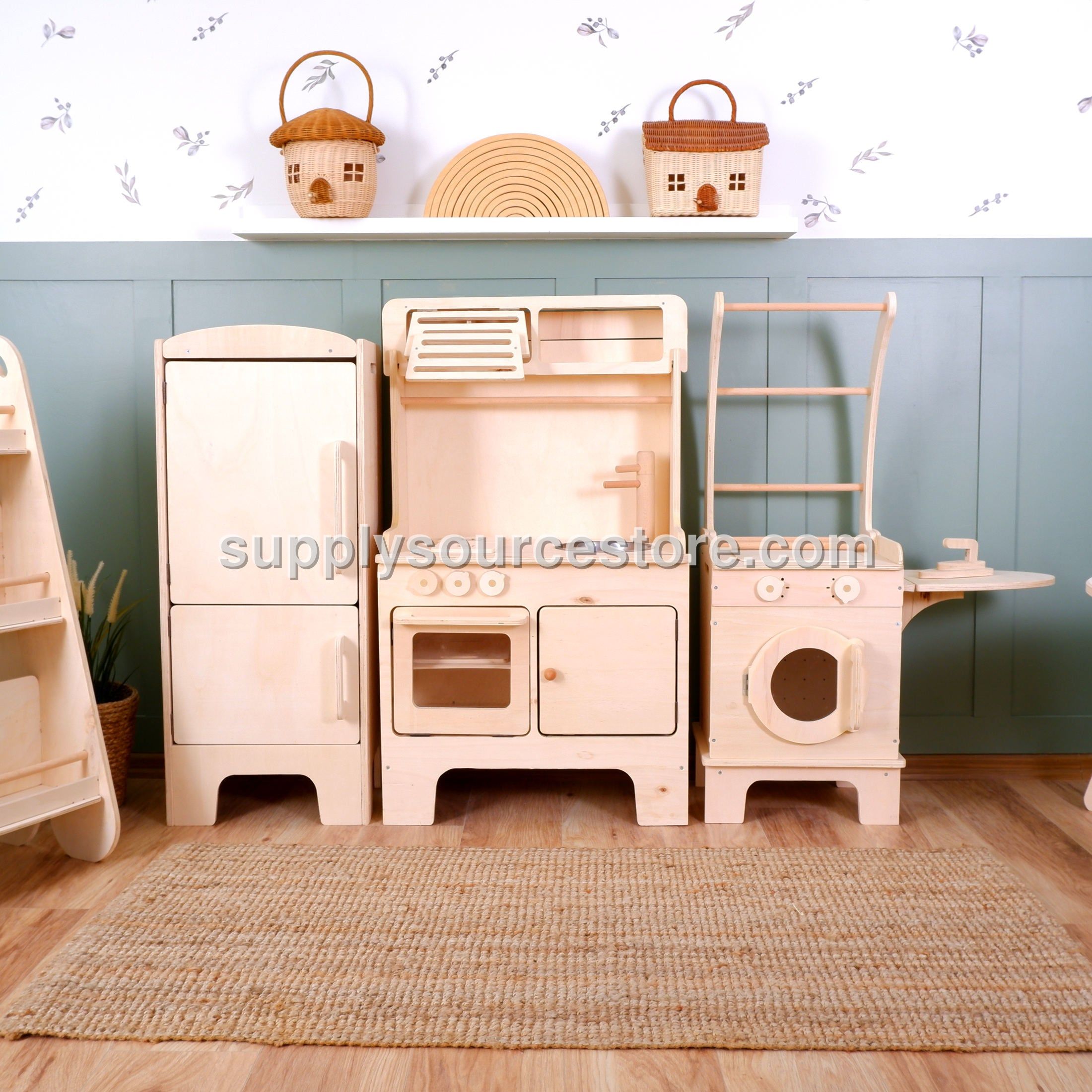 New Wooden Play Kitchen With Microwave + Washing Machine – Natural Wood with Basket Storage