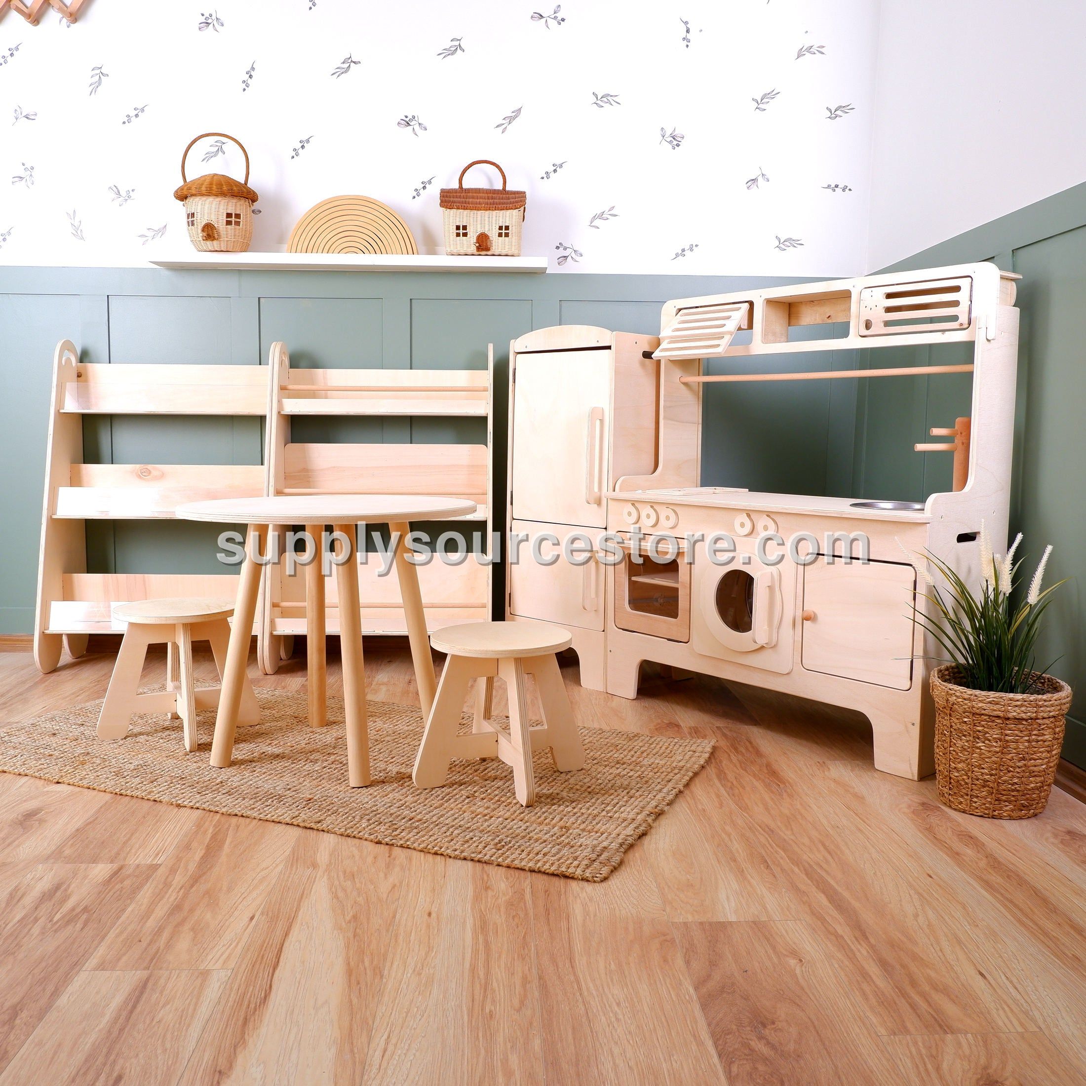 New Wooden Play Kitchen With Microwave + Washing Machine – Natural Wood with Bonus Table & Stools