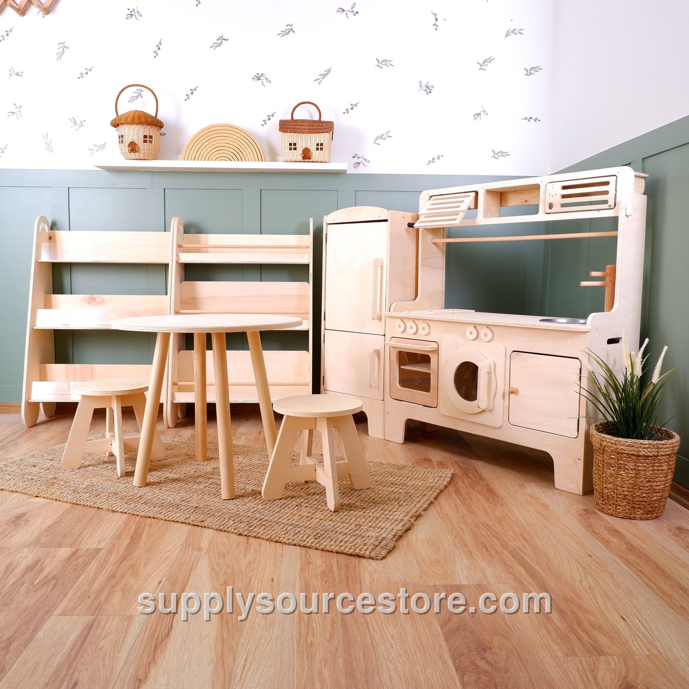 Wooden Play Kitchen With Microwave, Washing Machine, Bonus Table & Stools