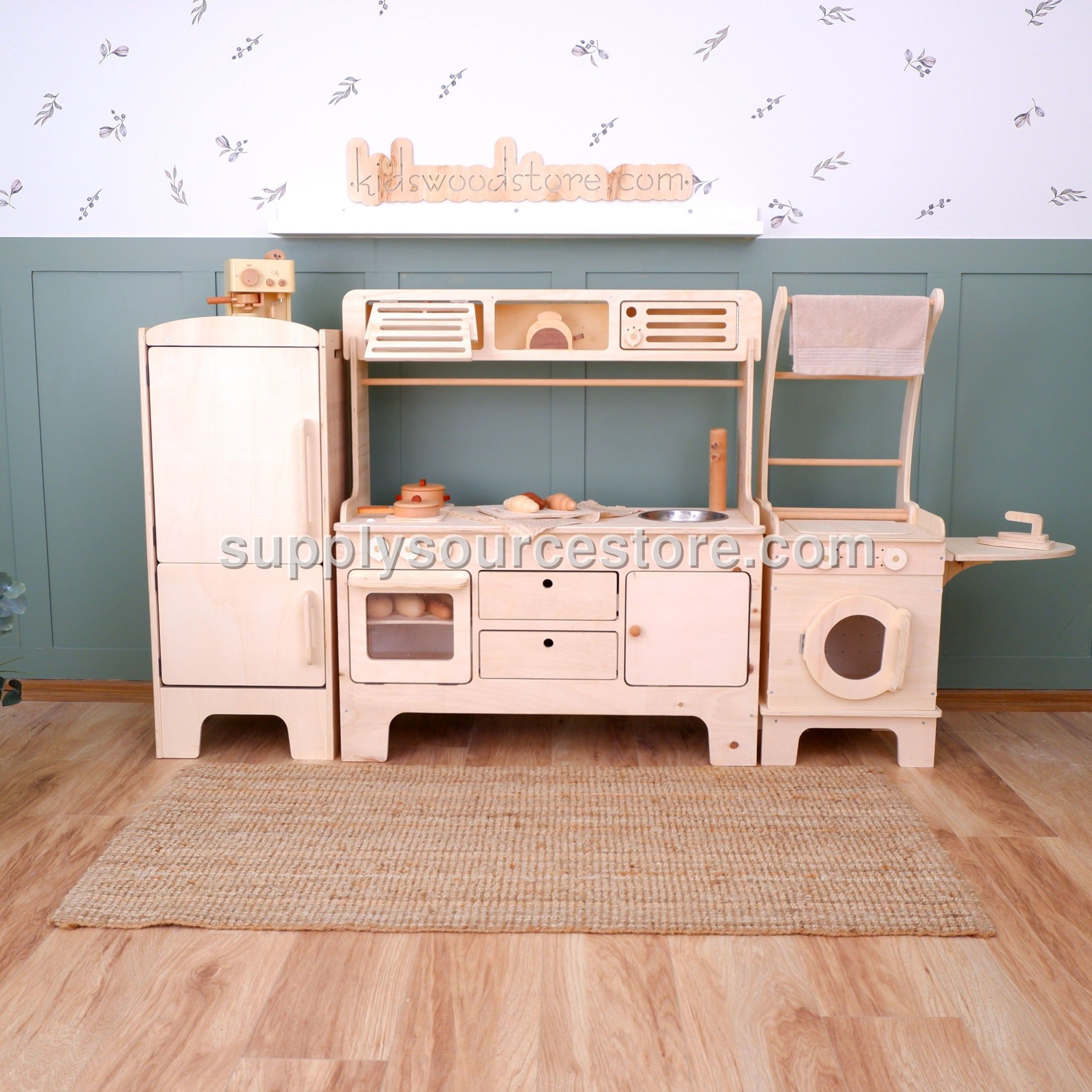 New Wooden Play Kitchen With Microwave and Hood – Natural Wood 3-Piece Set with Ironing Board