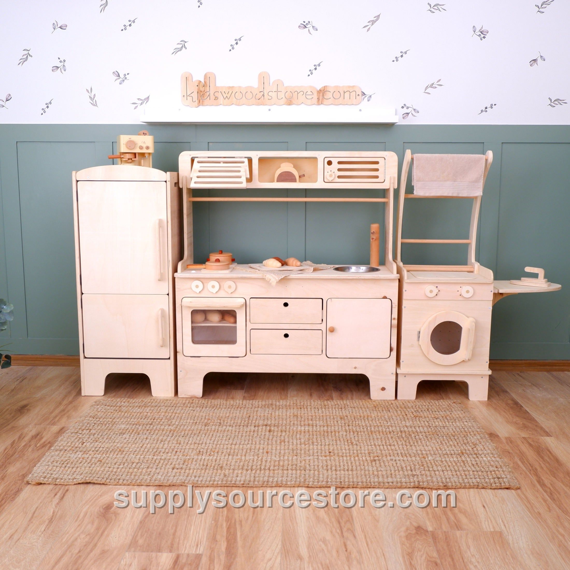 Wooden Play Kitchen With Microwave and Hood – Natural Wood 3-Piece Set with Ironing Board