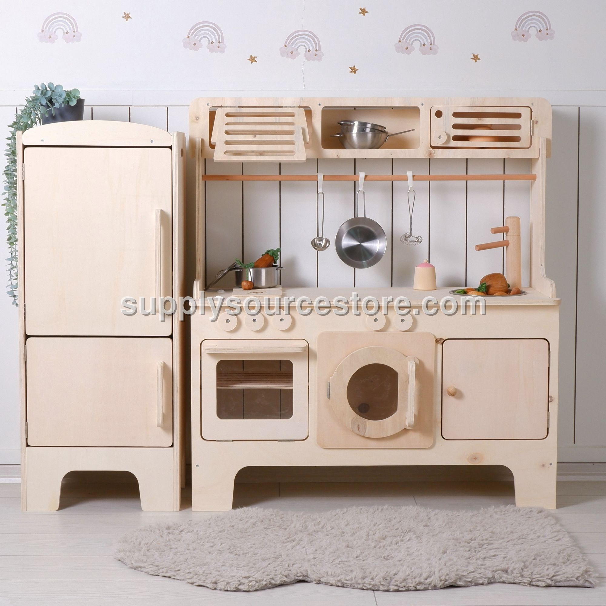 New Wooden Play Kitchen With Microwave and Hood – Natural Wood with Fridge