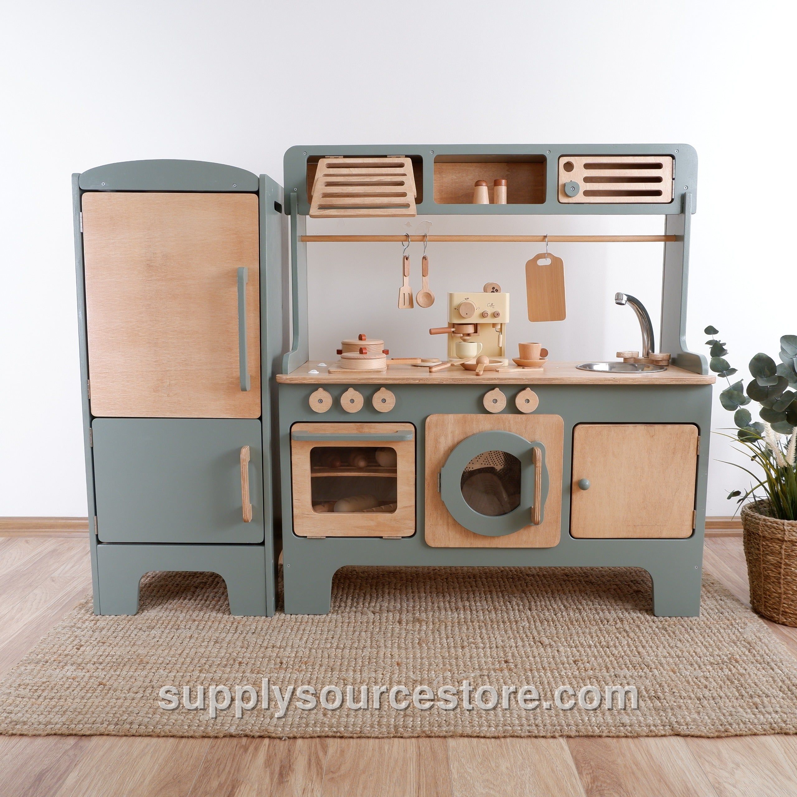 Wooden Play Kitchen with Microwave and Hood – Sage Green