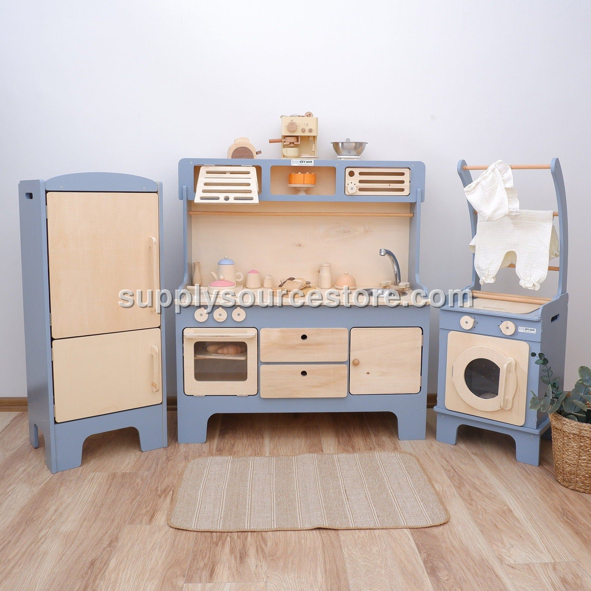 New Wooden Play Kitchen With Microwave and Hood – Slate Blue with Fridge