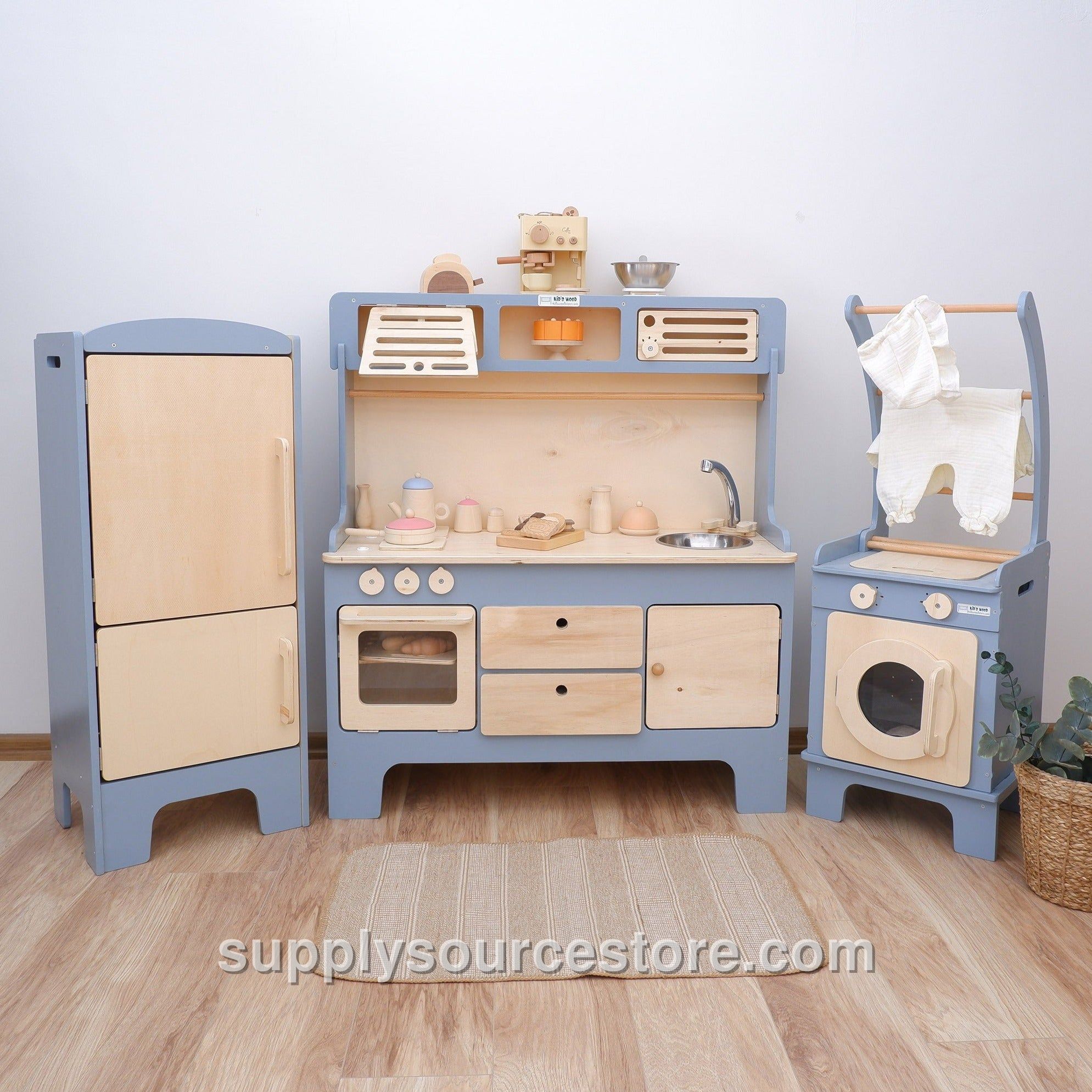 Wooden Play Kitchen with Microwave, Hood, and Fridge – Slate Blue