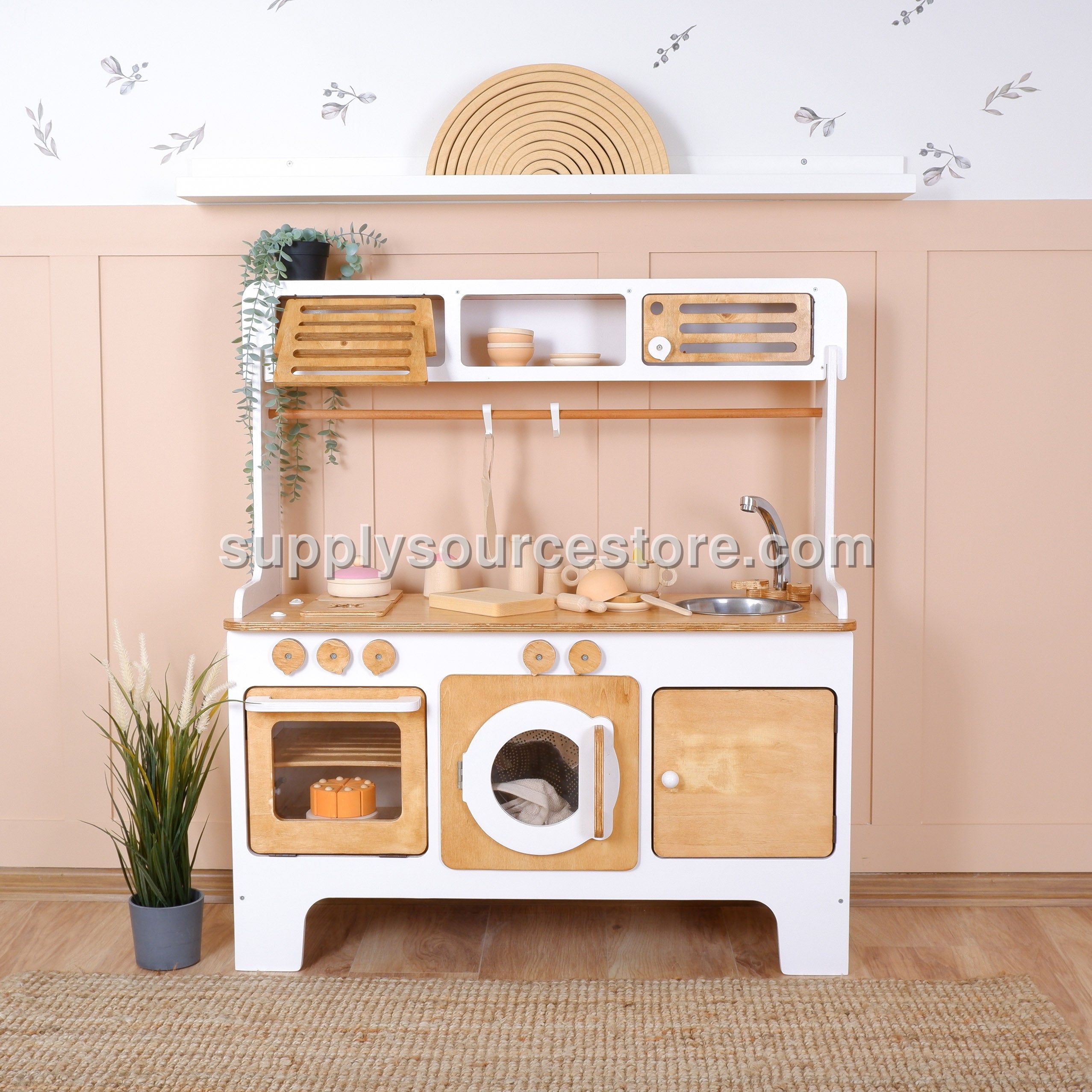 New Wooden Play Kitchen With Microwave and Hood – White & Natural Wood