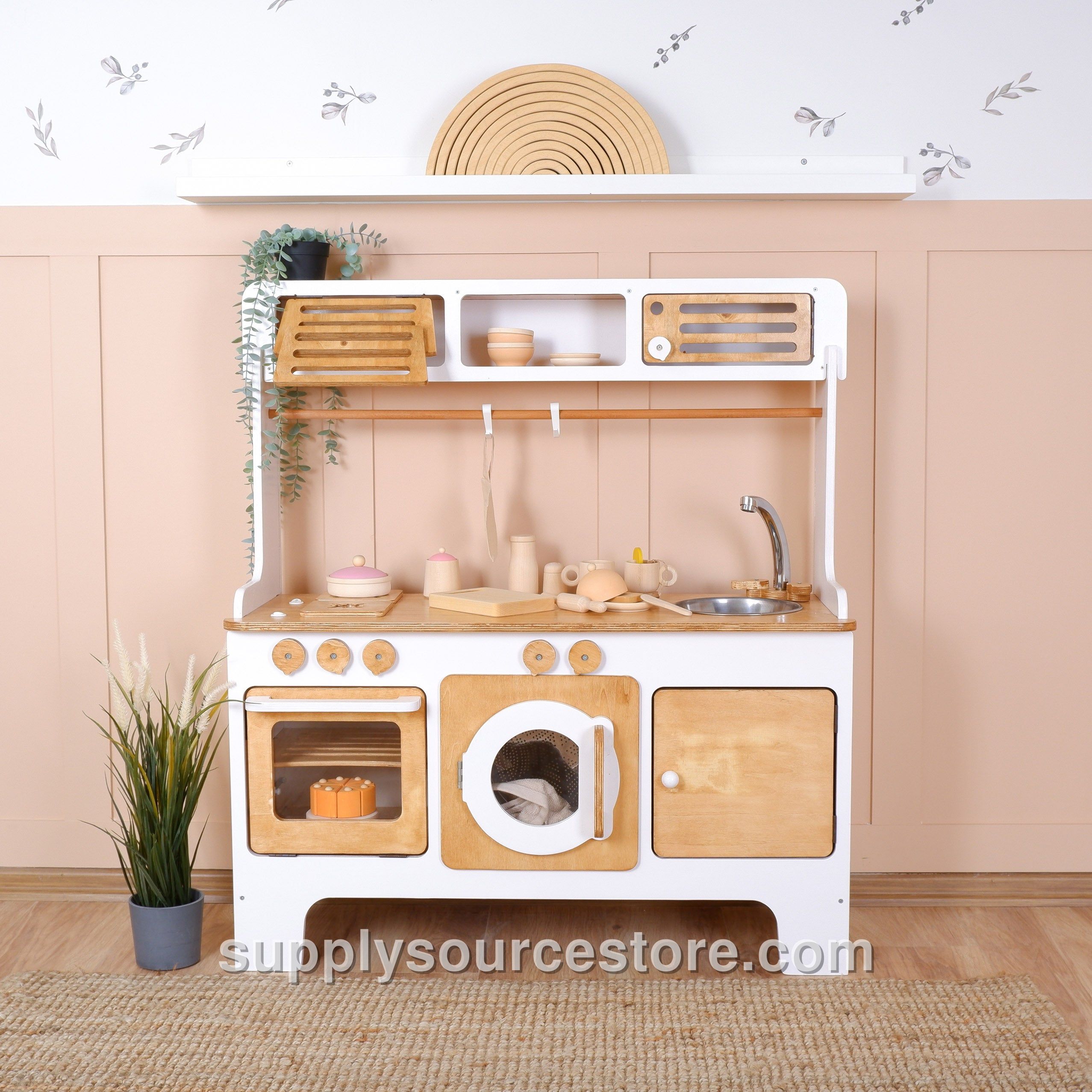 New Wooden Play Kitchen With Microwave and Hood – White & Natural Wood
