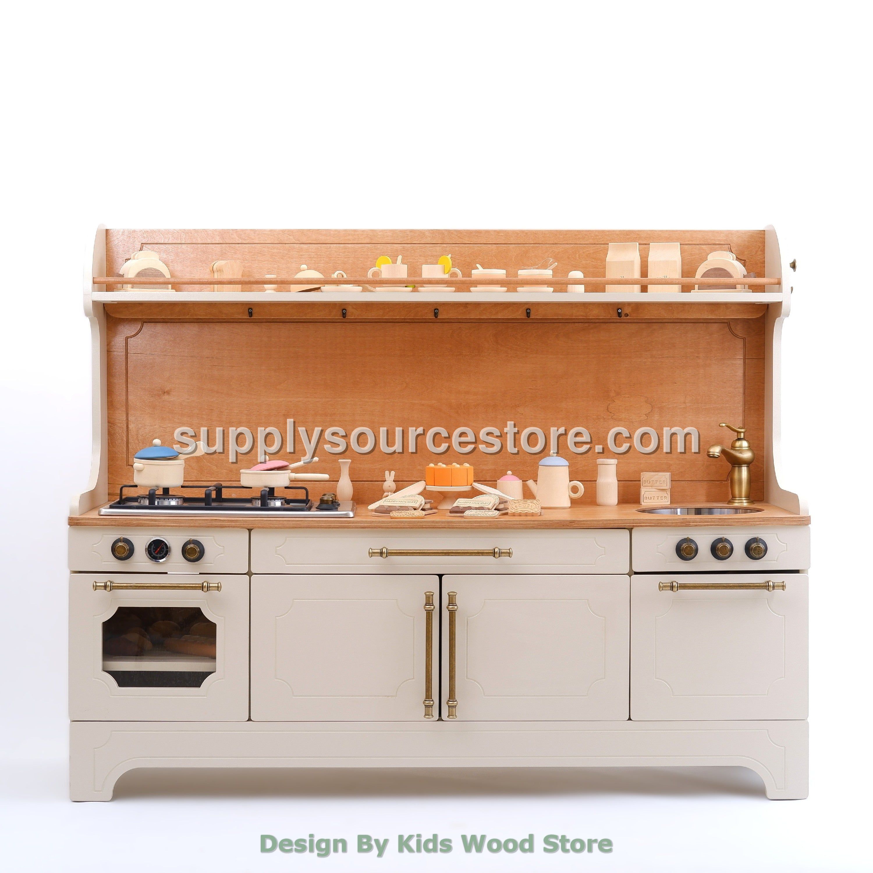 Pinnacle of Quality: Cream Wooden Play Kitchen with LED Light & Deluxe Accessories