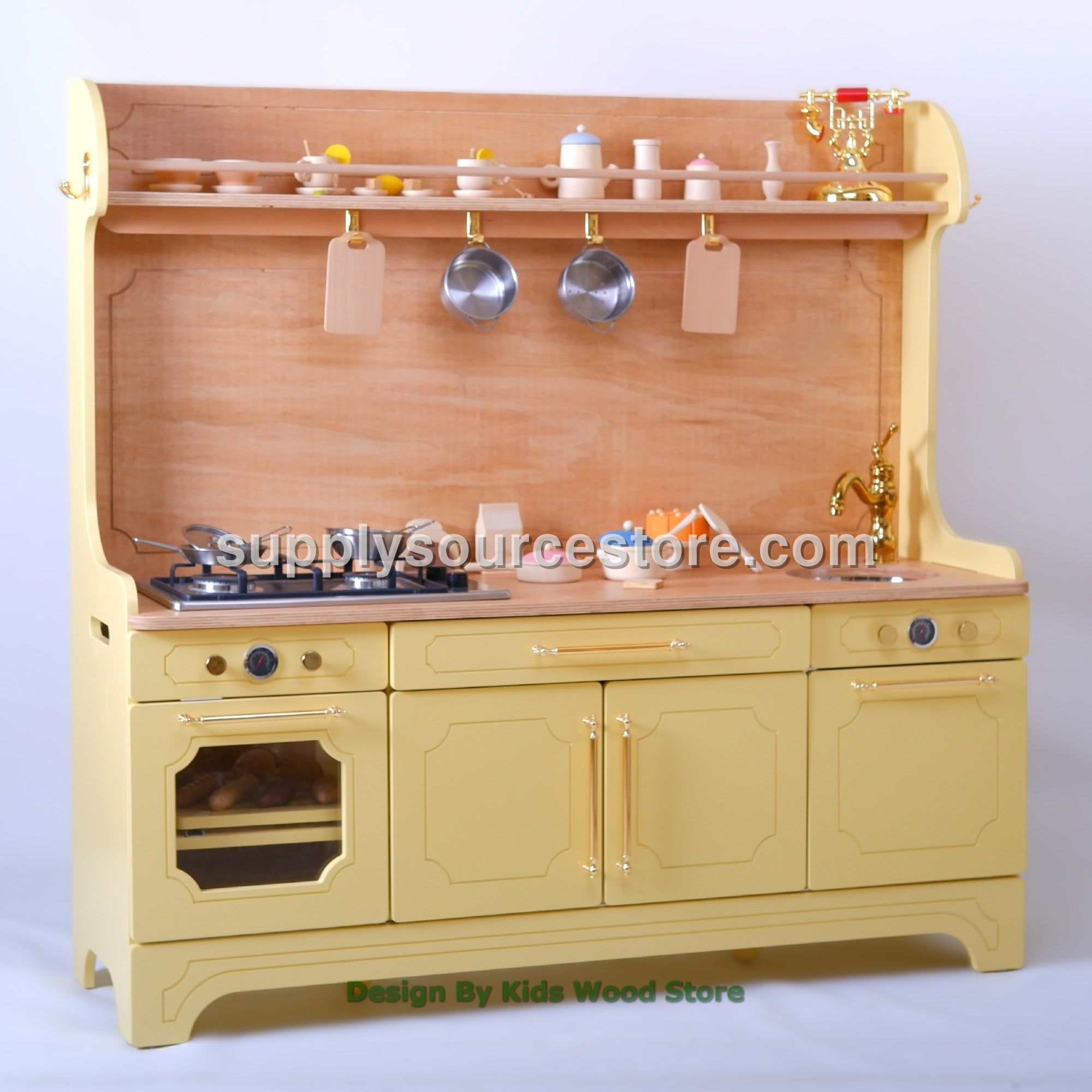 Pinnacle of Quality: Golden Yellow Wooden Play Kitchen with Gold Hardware