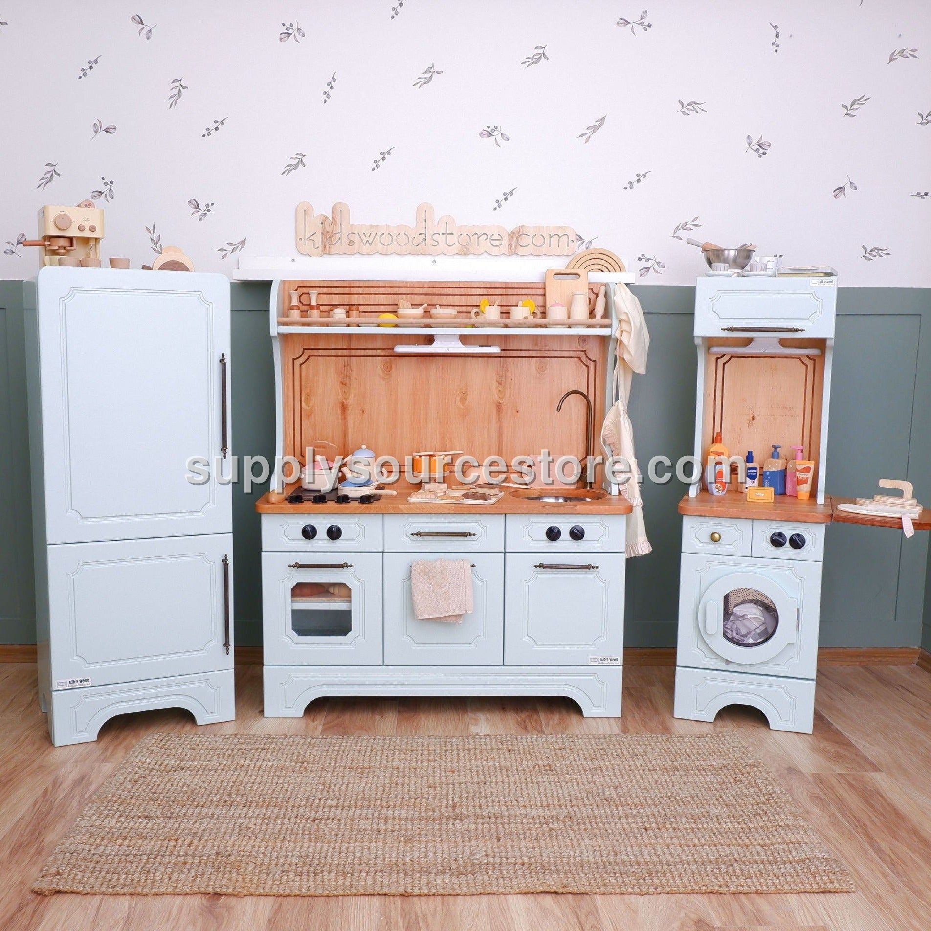 Pinnacle of Quality: Sage Green 3-Piece Wooden Play Kitchen Set with Fridge & Washer