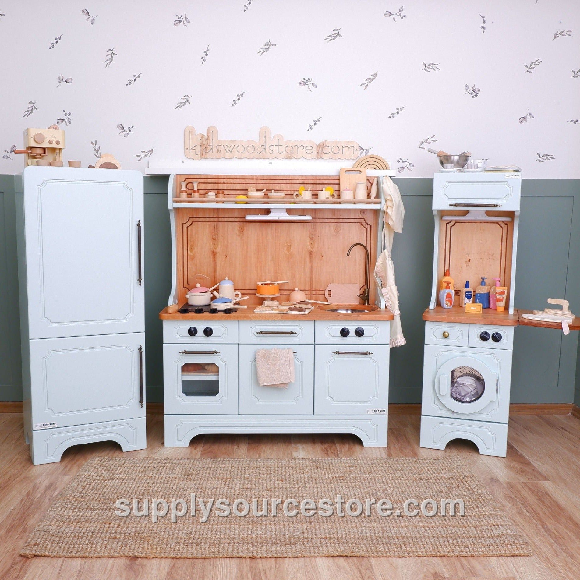 Pinnacle of Quality: Sage Green 3-Piece Wooden Play Kitchen Set with Fridge & Washer