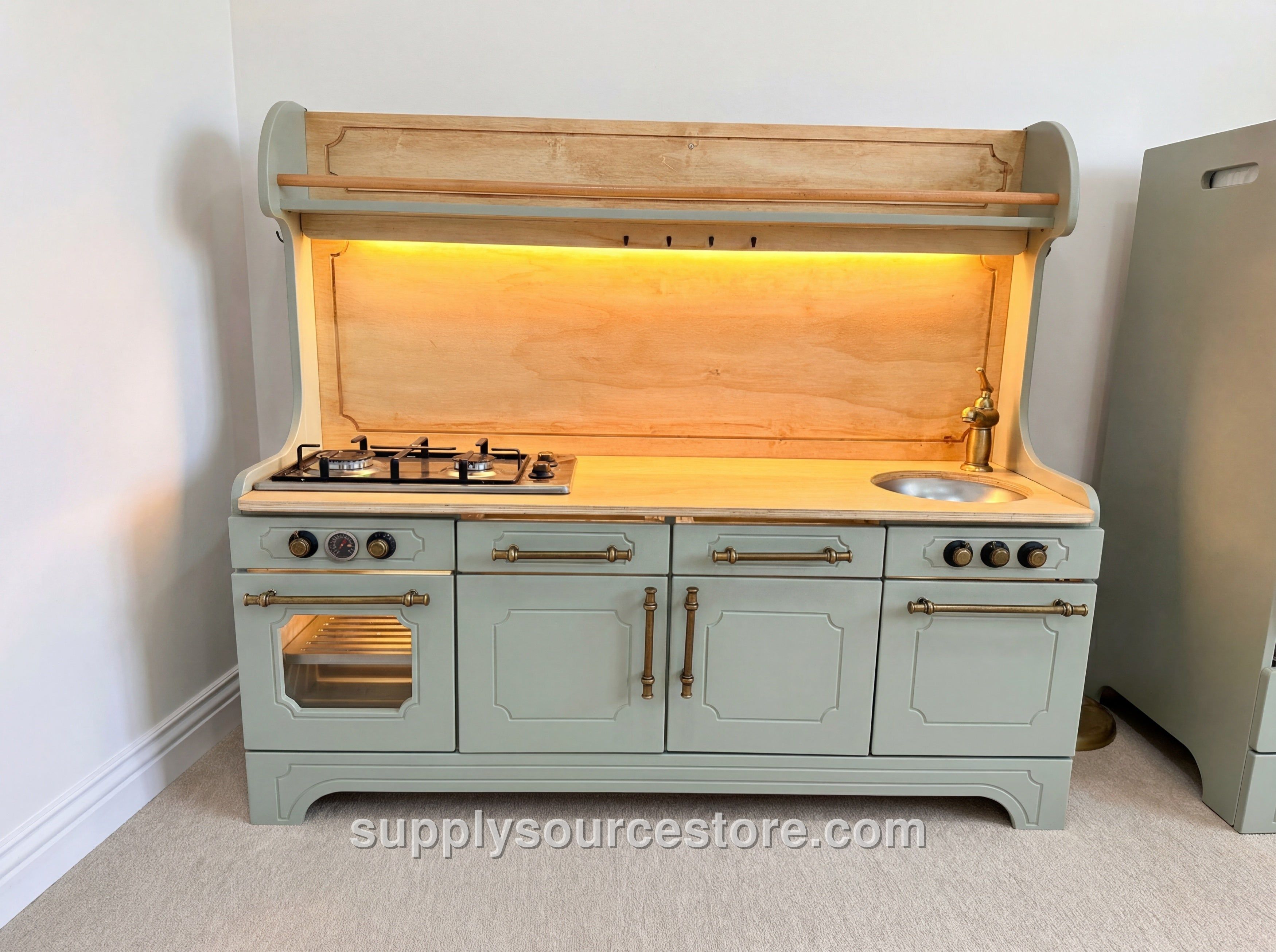 Pinnacle of Quality: Sage Green Wooden Play Kitchen with Brass Hardware & LED Light