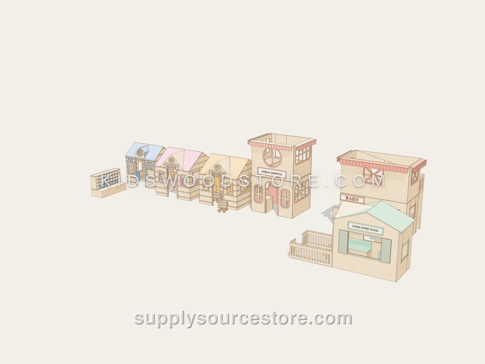 Play Town — 6-House Playhouse Set (Barn, Garden Kiosk, Hospital, Hair Salon, Grocery Store & Post Office)