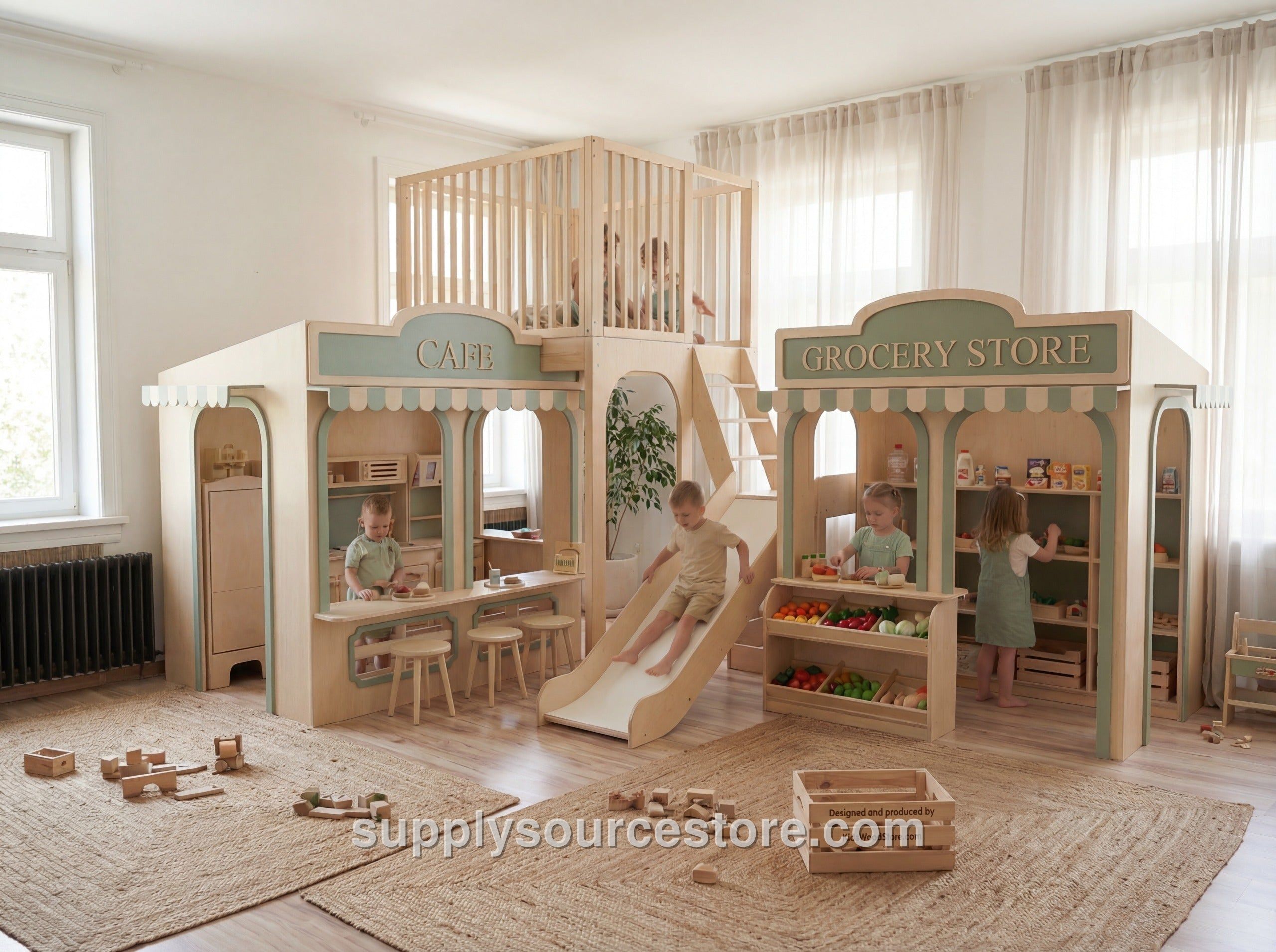 Premium Wooden Play Town — 3-House Indoor Set (Café, Grocery & Two-Story Adventure)