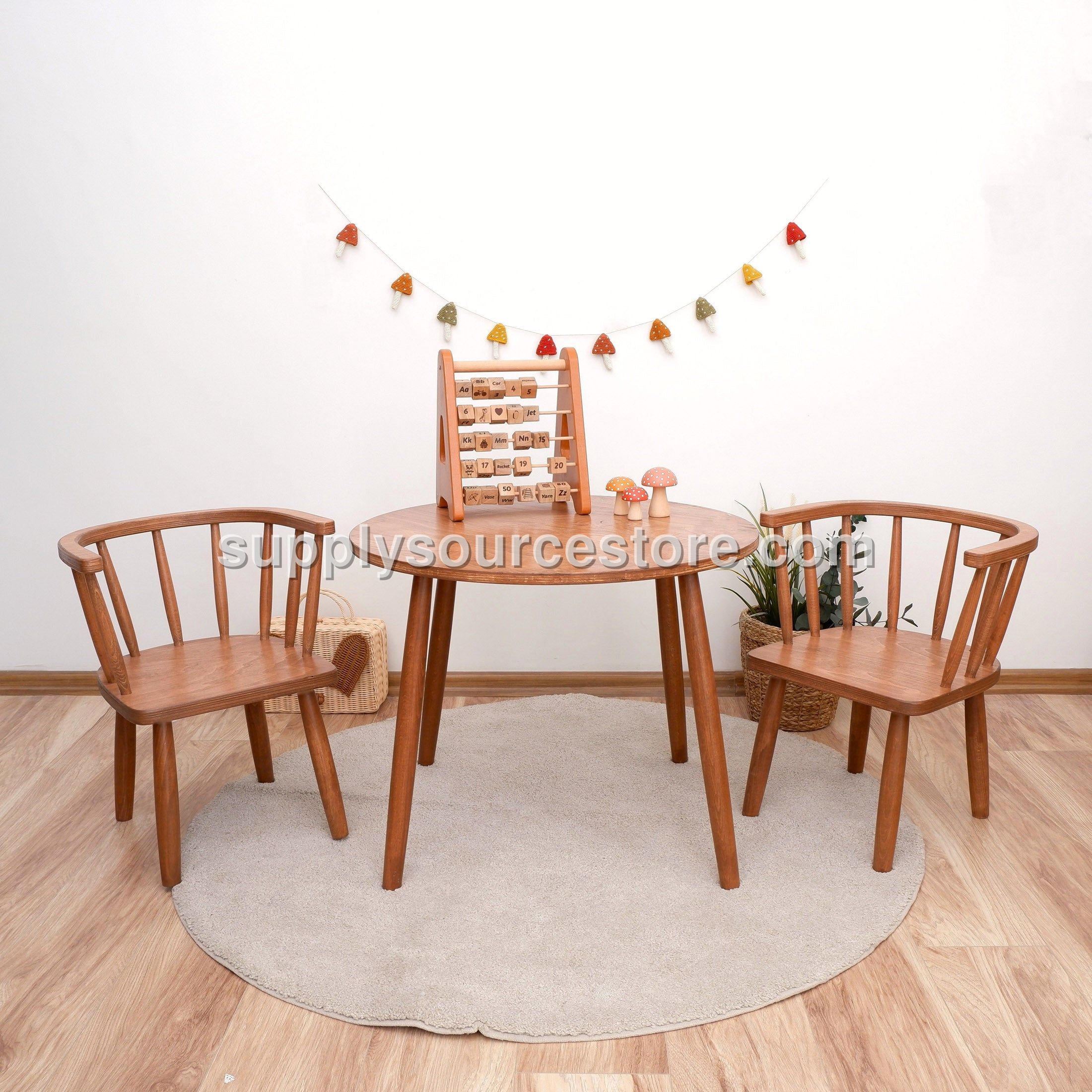Round Wooden Kids Table with Two Chairs – Natural Honey Finish