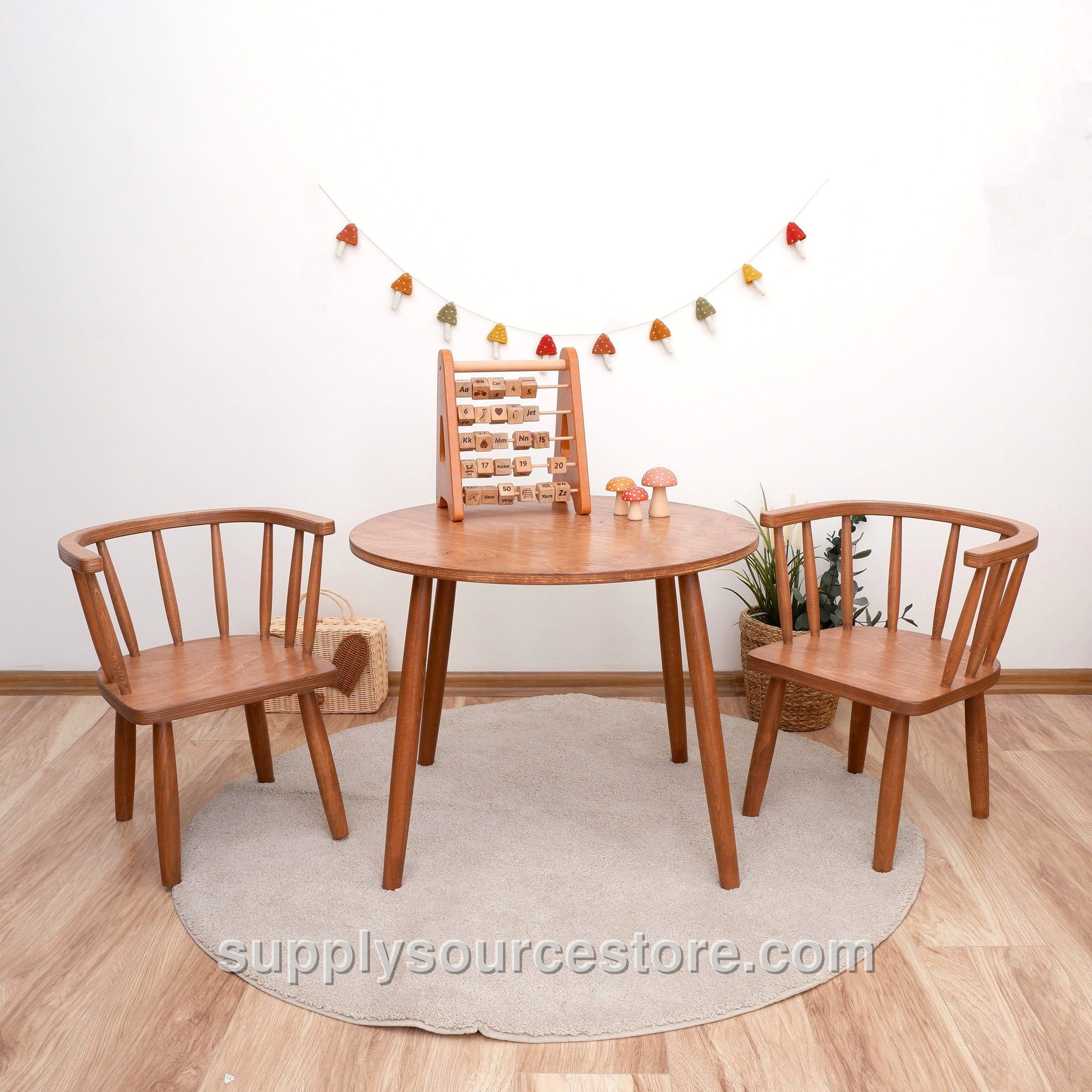 Round Wooden Kids Table with Two Chairs – Natural Honey Finish