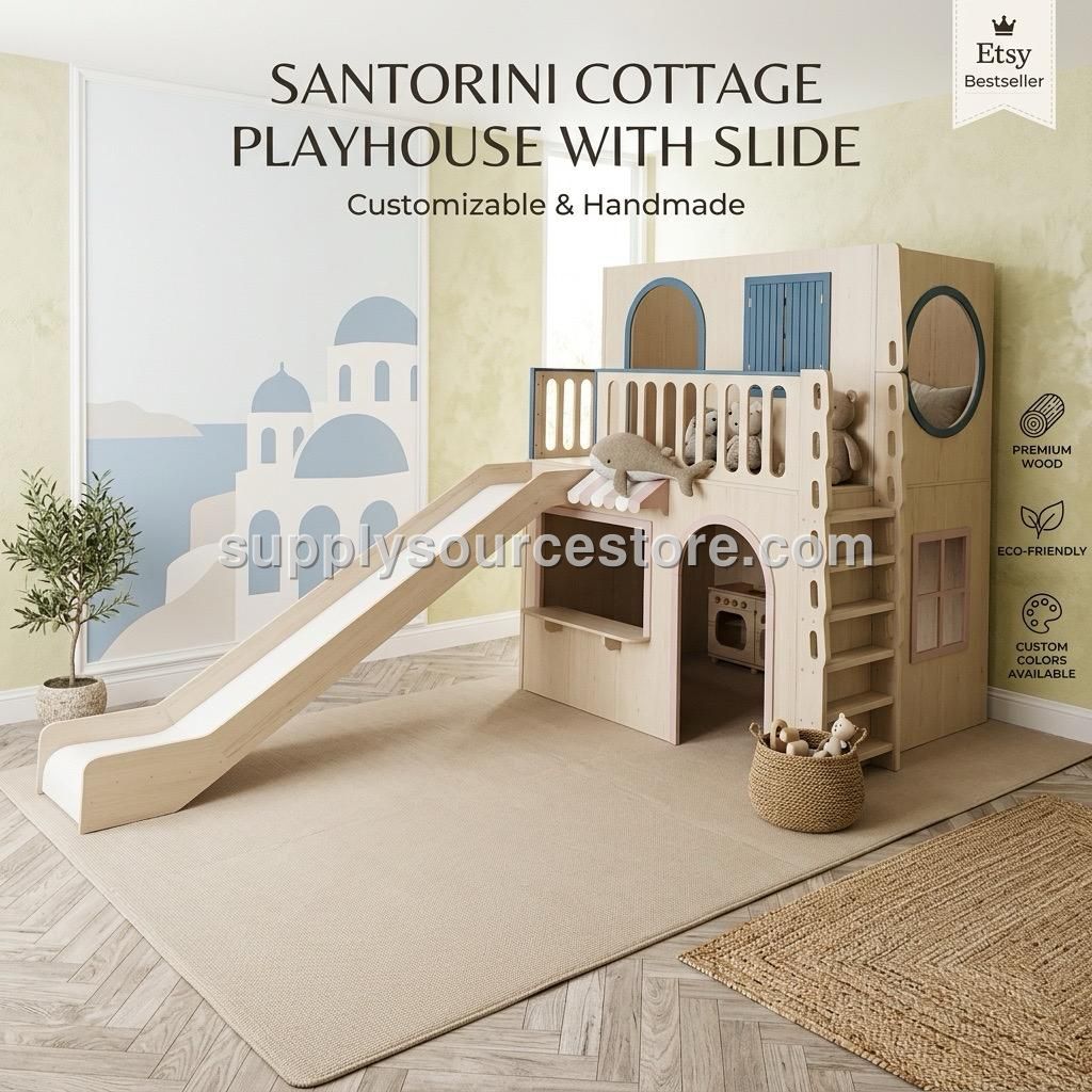 Santorini Two-Story Wooden Playhouse with Slide | Customizable, 11 ft Tall