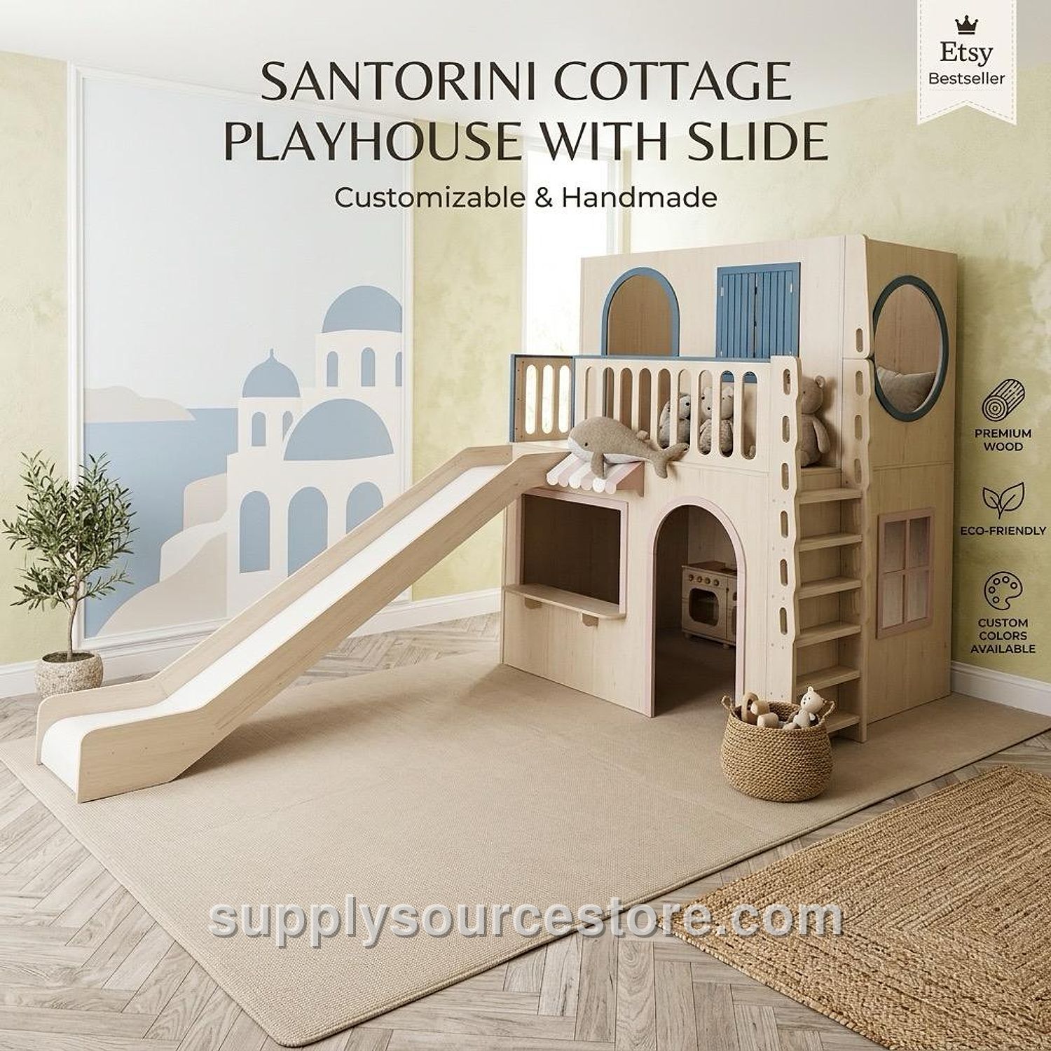 Santorini Two-Story Wooden Playhouse with Slide