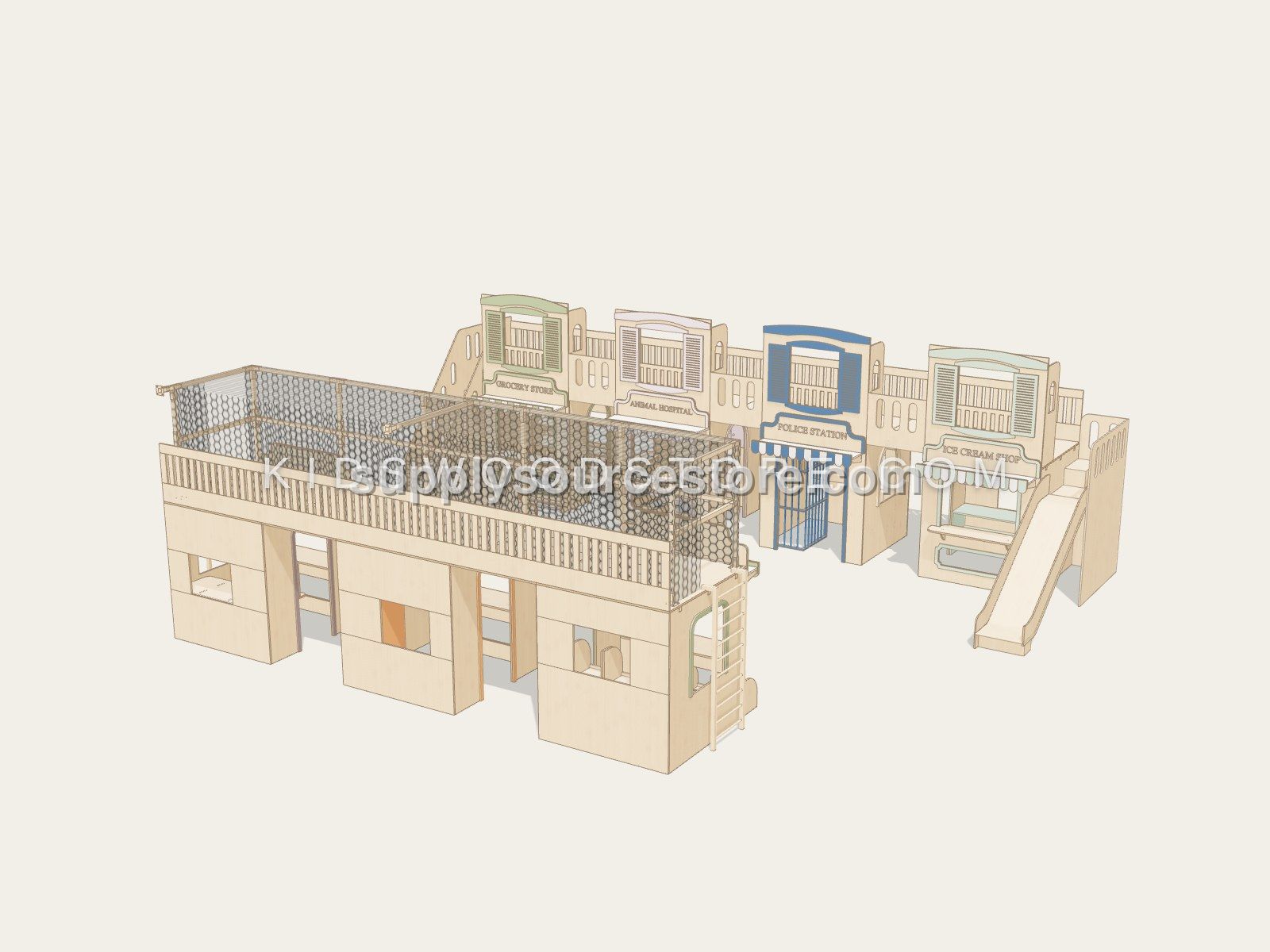 Treetop Village Playhouse — Full 7-House Layout (Police Station, Ice Cream Shop, Grocery Store, Animal Hospital, Bakery, Flower Shop & Art…
