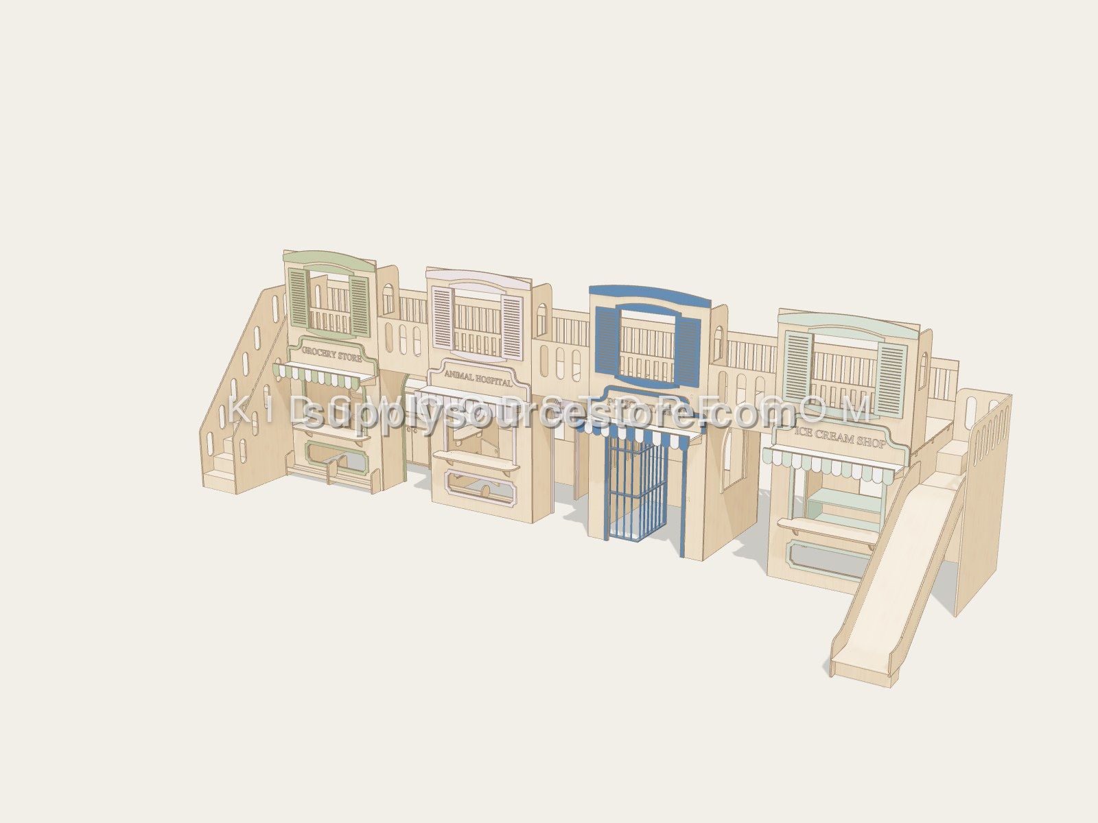 Treetop Village — Row A (Grocery · Animal Hospital · Police · Ice Cream)