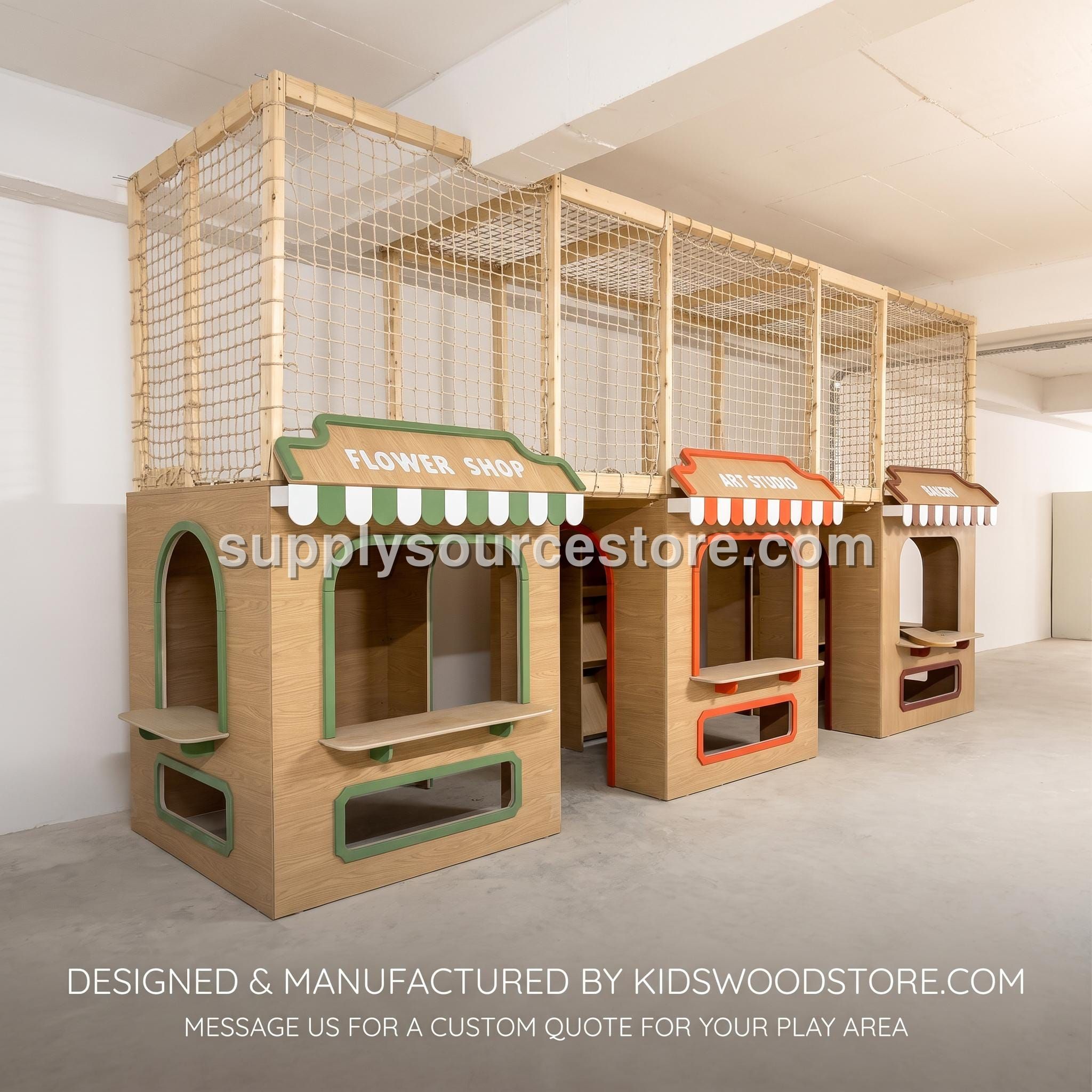 Two-Story Wooden Playhouse Village | Montessori Role Play Shops with Stairs & Slide