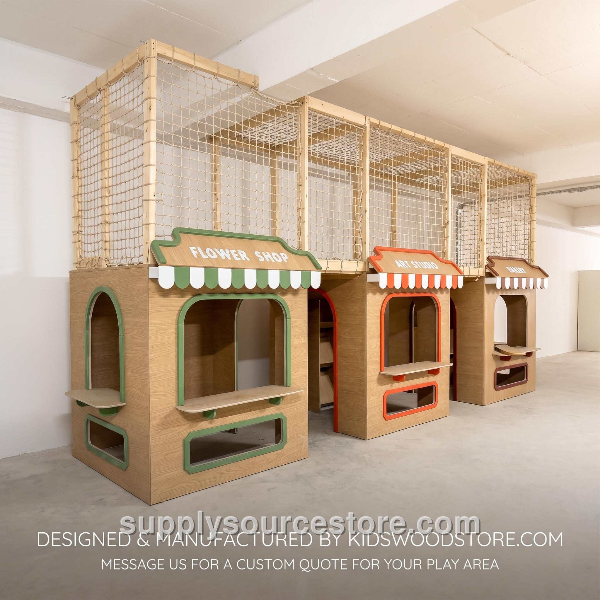 Two-Story Wooden Playhouse Village | Montessori Role Play Shops with Stairs & Slide