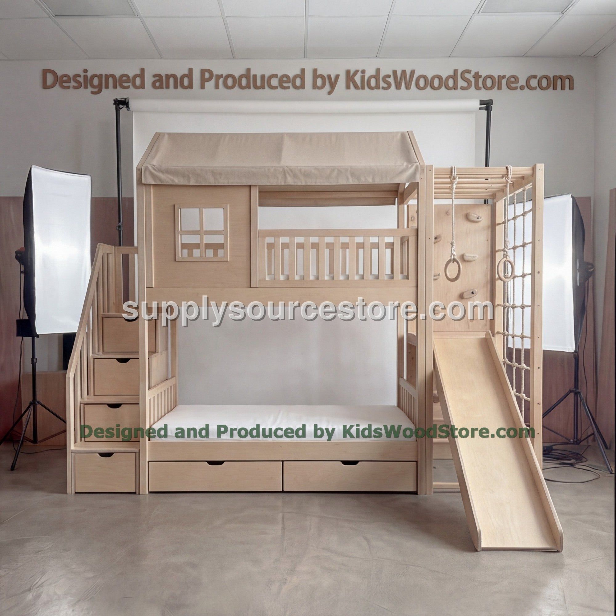 Wooden Adventure Bunk Bed with Climbing Net, Gym Rings & Tent Canopy | Slide, Storage Stairs, Under-Bed Drawers | Active Kids Loft Bed