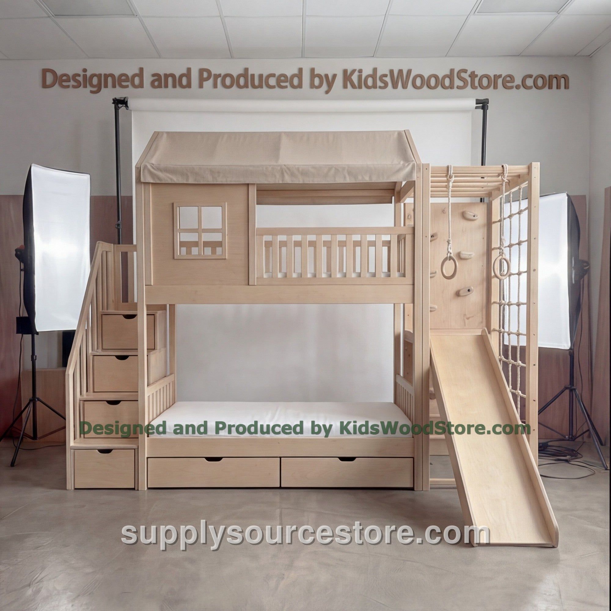 Wooden Adventure Bunk Bed with Climbing Net, Gym Rings & Tent Canopy | Slide, Storage Stairs, Under-Bed Drawers | Active Kids Loft Bed