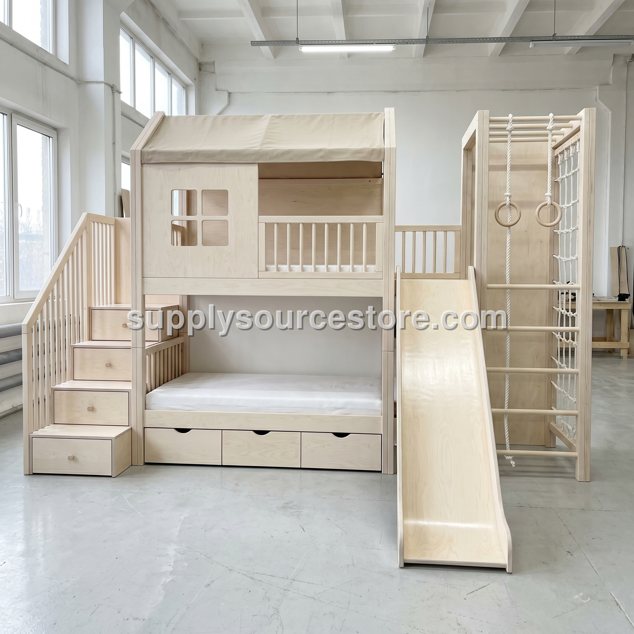 Wooden Bunk Bed with Slide, Gym Rings & Climbing Ladder | Playhouse Cabin, Storage Stairs, Under-Bed Drawers | Complete Kids Bunk Bed Set